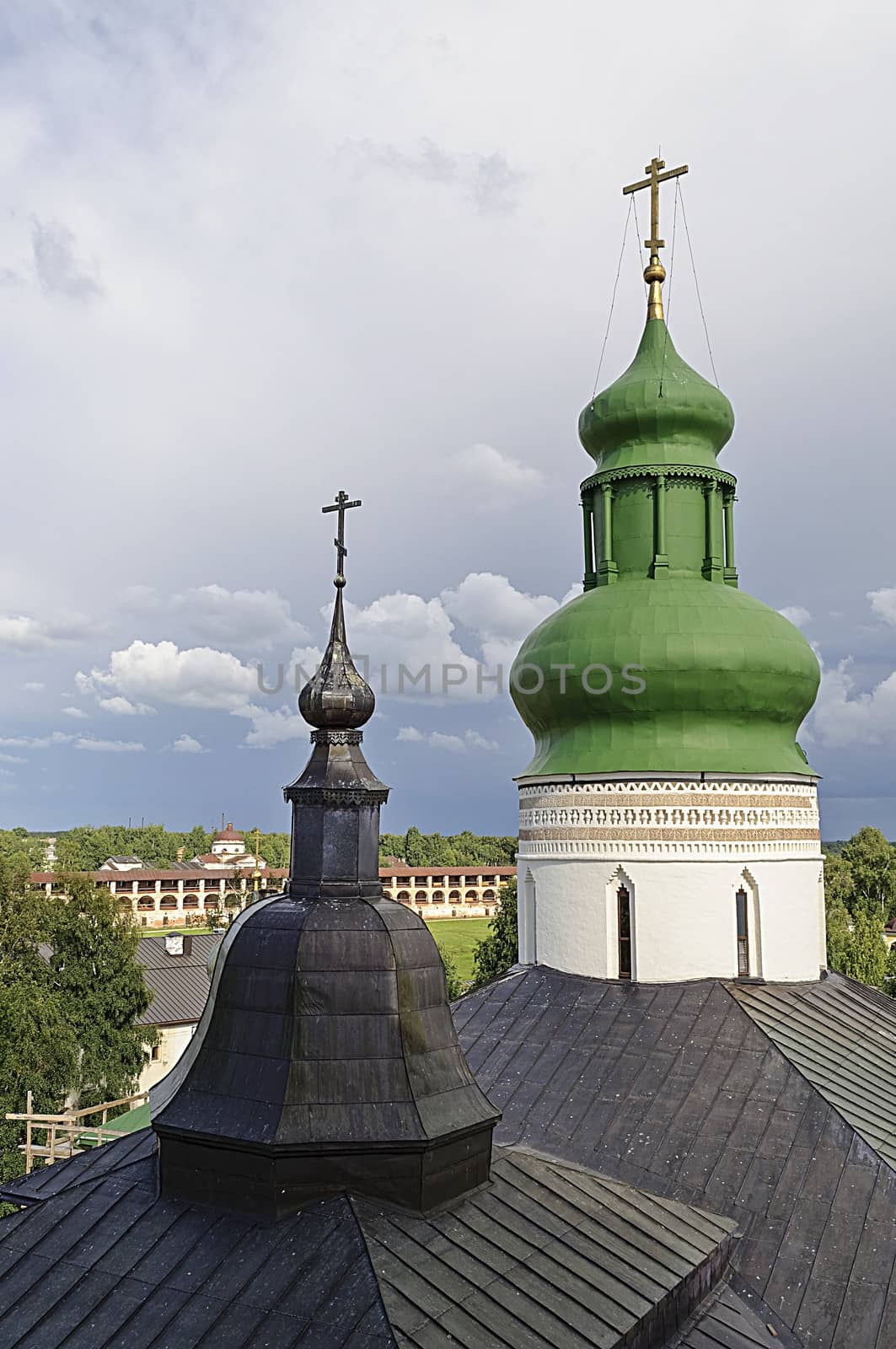 Domes of the church of the Kirillo-Belozersky (St. Cyril-Belozersky) Monastery. Top view