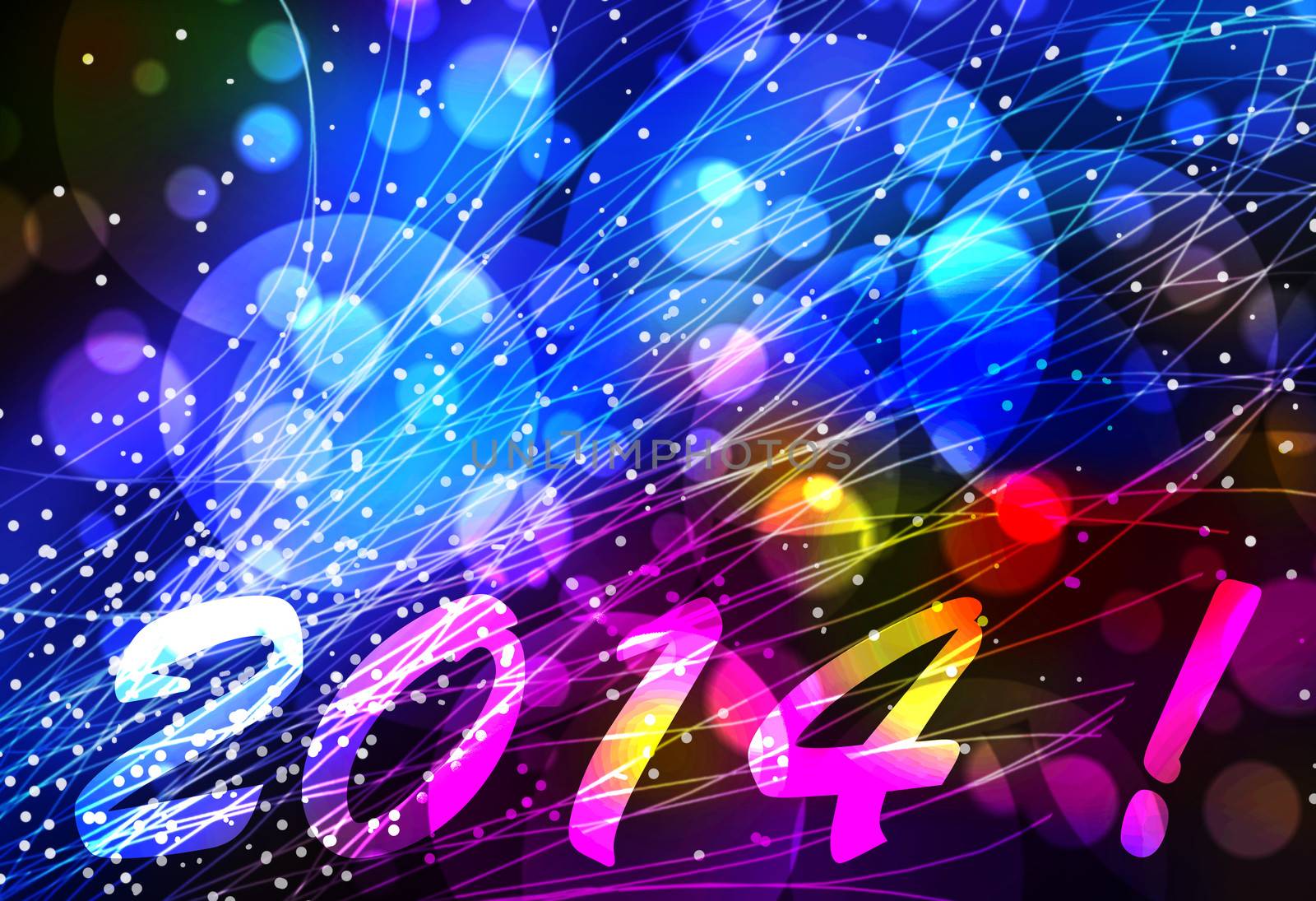 Happy new year 2014 card or background with light effects in blue, pink and yellow
