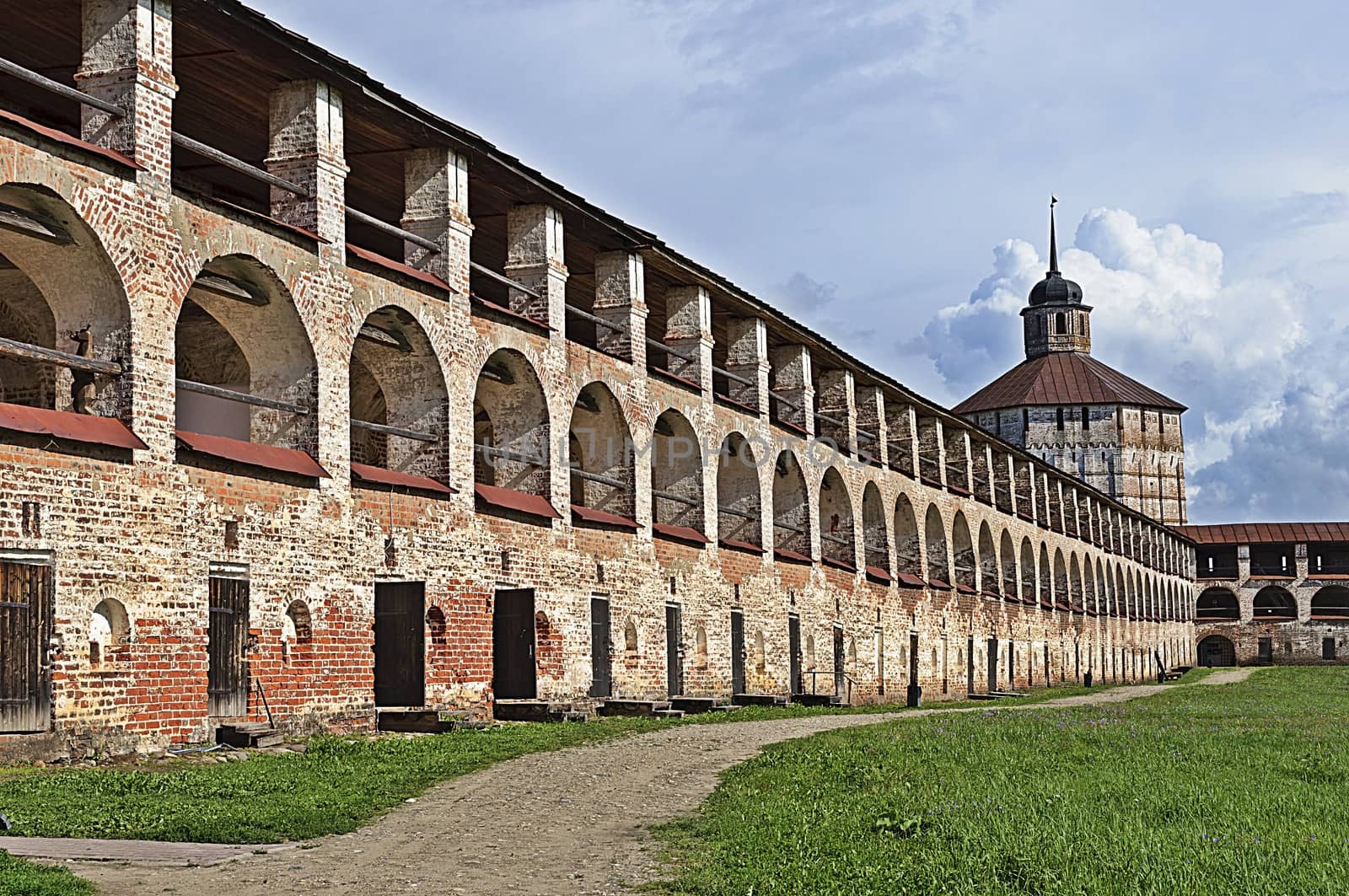 Courtyard and Vologodskaya tower of Kirillo-Belozersky monastery, northern Russia