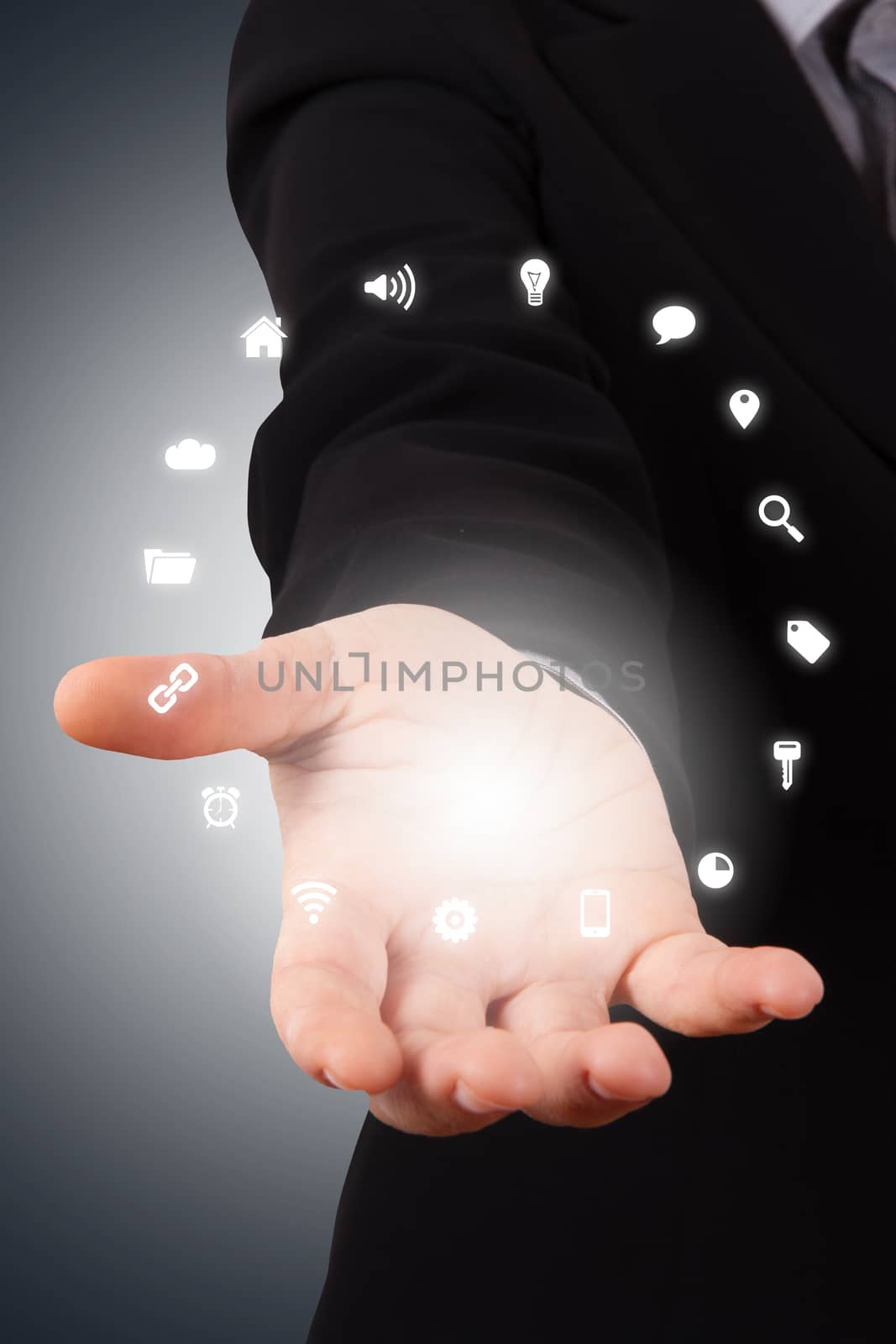 Business woman in elegant suits reaching hands and social icons flying.