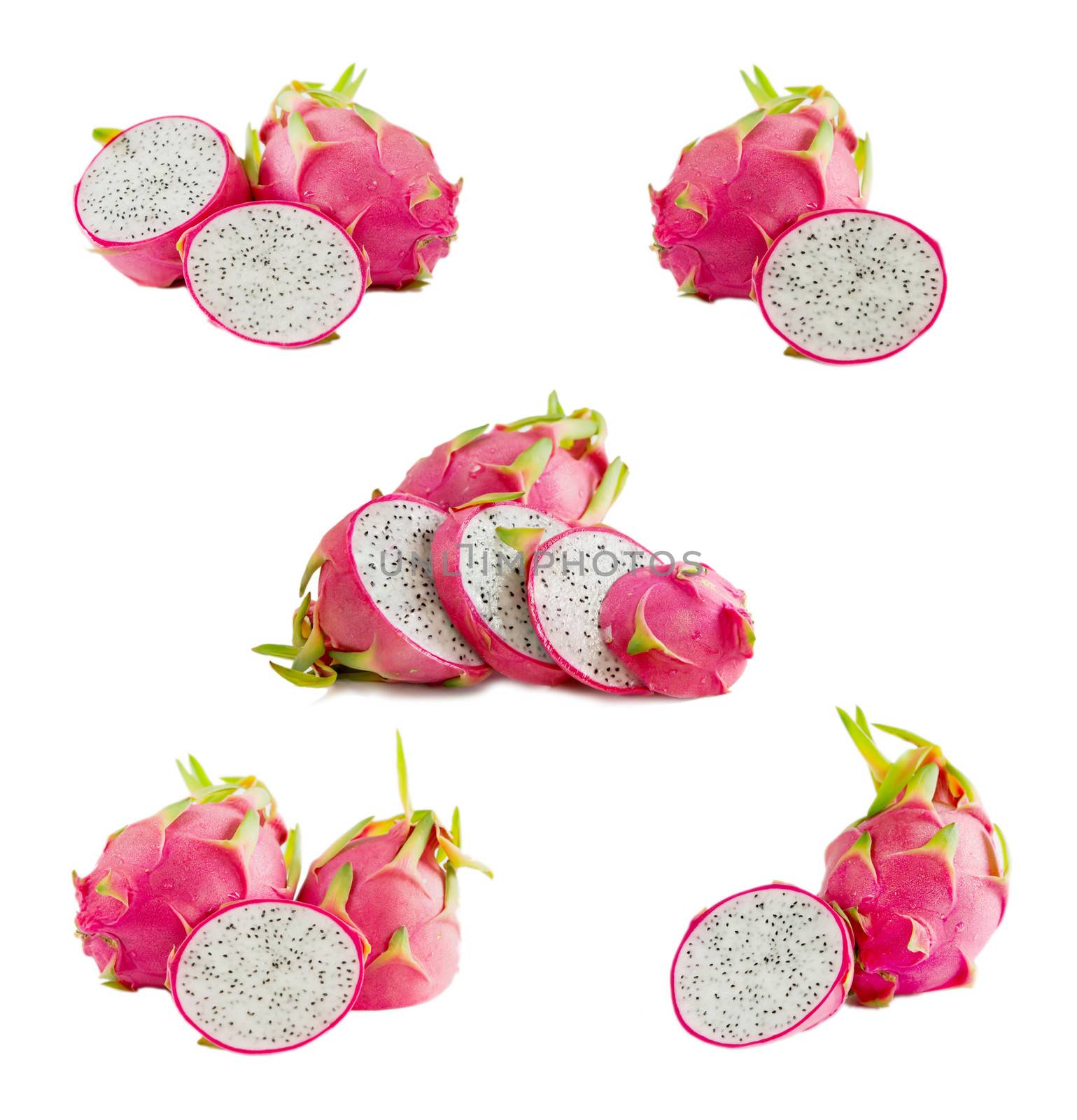 Collage from photographs of pitaya or dragon fruit  on white background