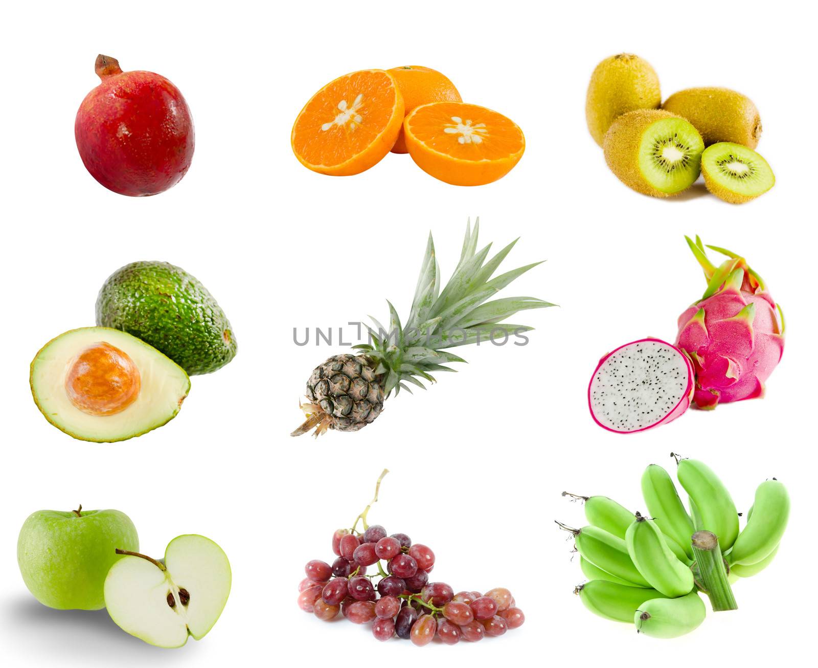 Collage from photographs of  fruits ( apple, grapes, banana,dragon fruit, avocado,orange,kiwi,pomegranate ) over white background