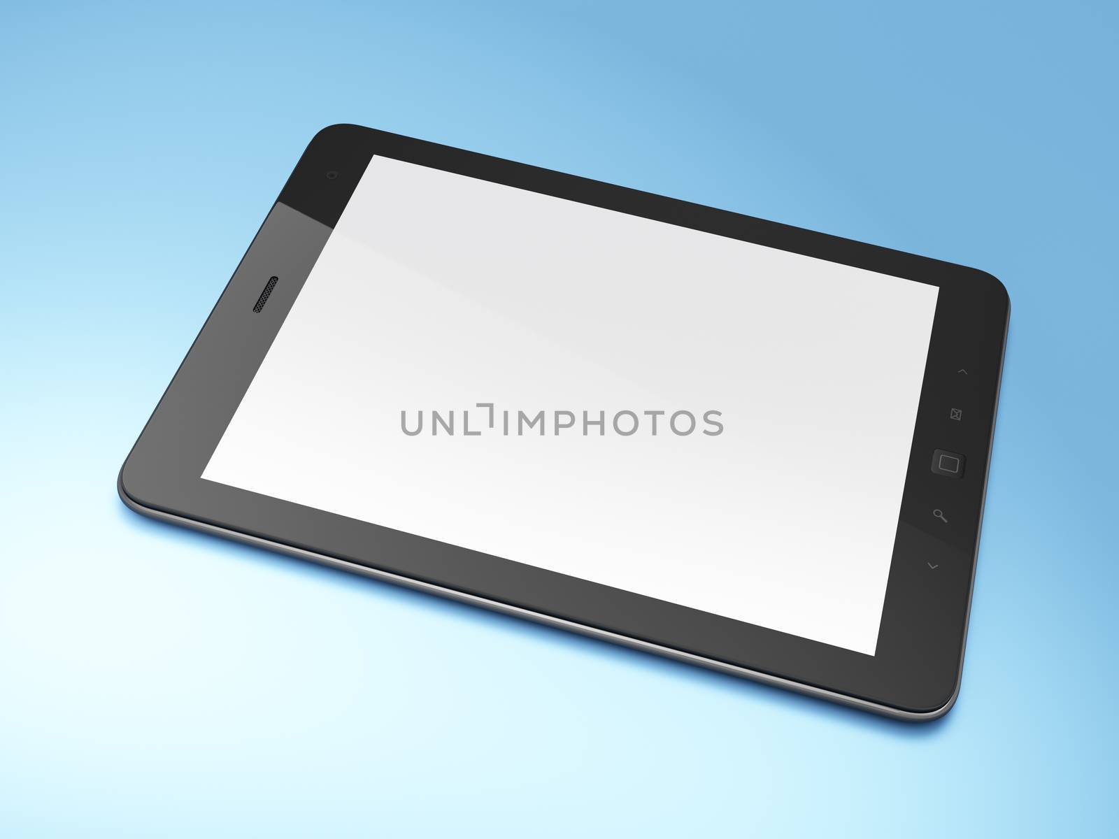 Beautiful black tablet pc on blue background, 3d render