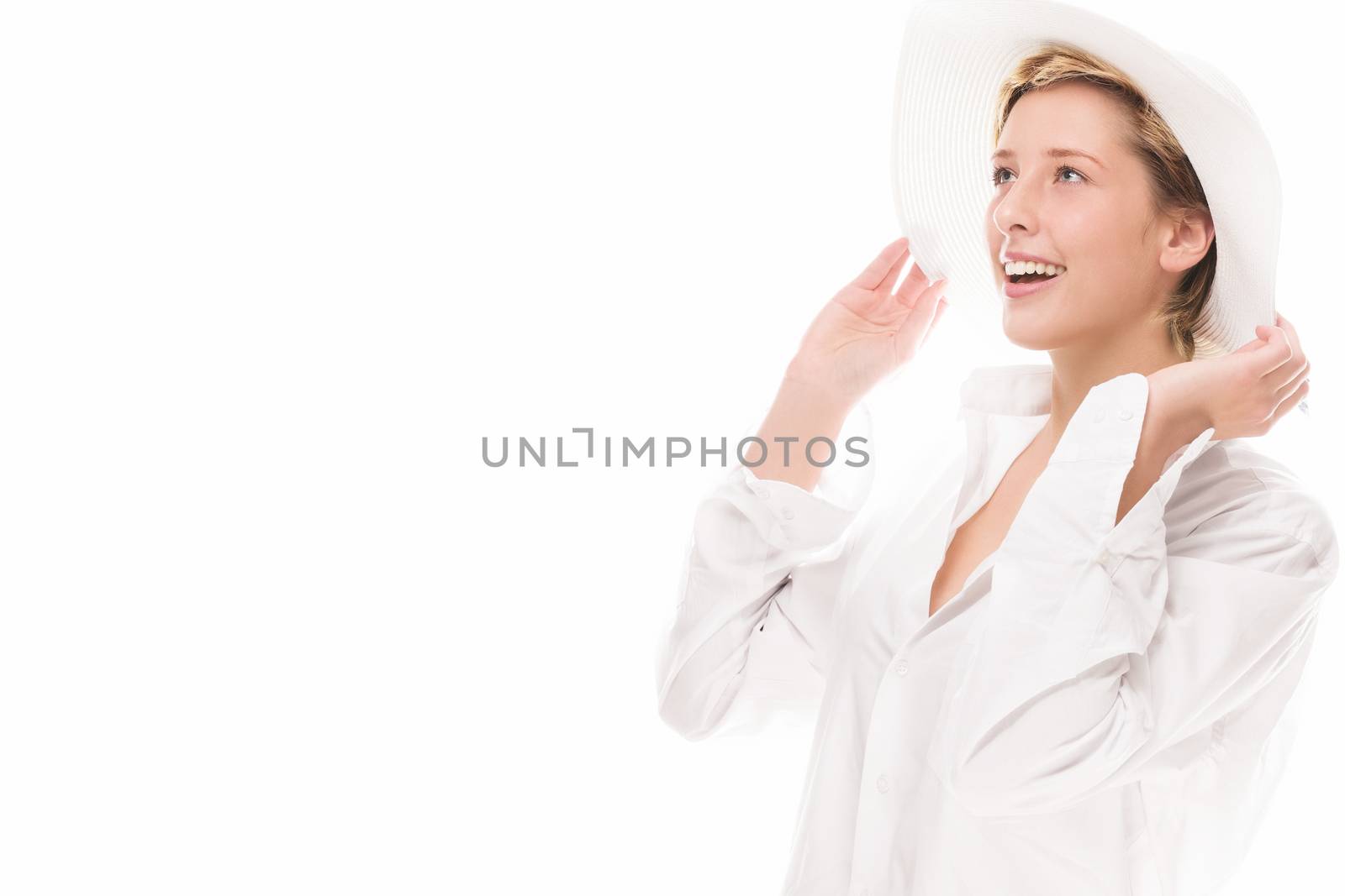 happy laughing up looking woman with a sun hat and copy-space on white background