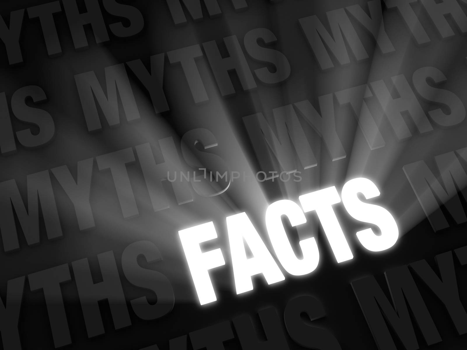 Light rays burst from bold, glowing "FACTS" on a dark background of "MYTHS" in retro, black and white style