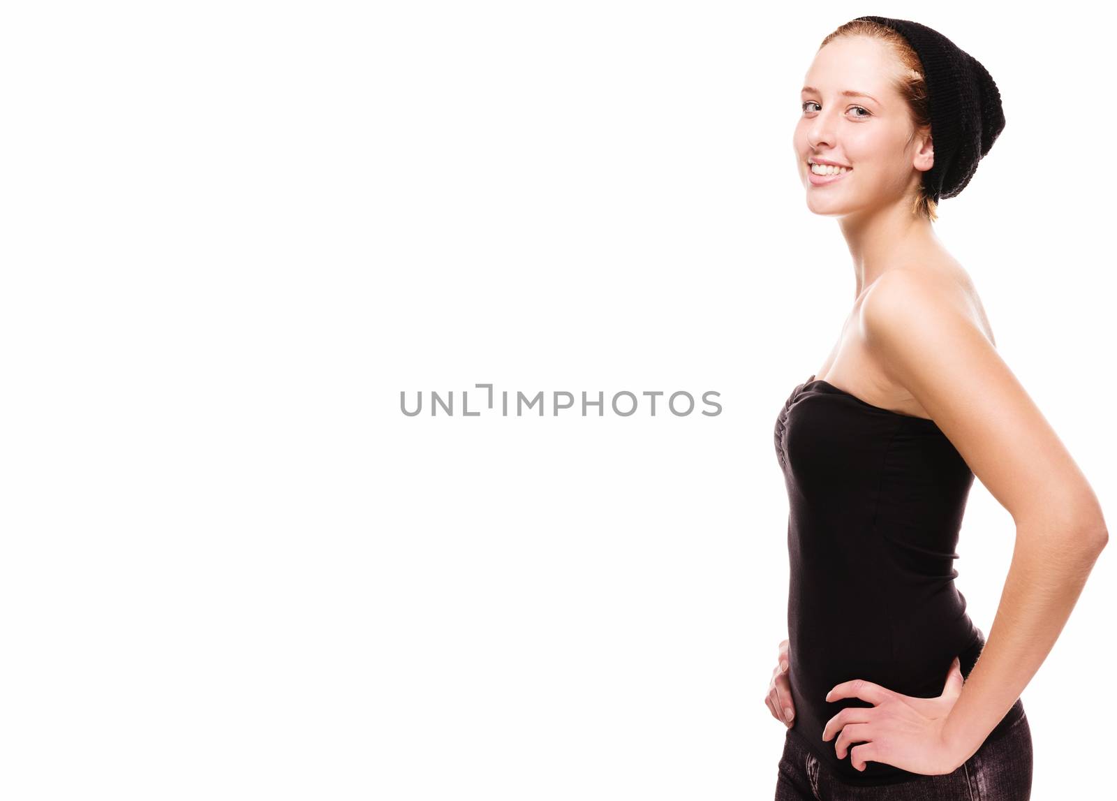 cute happy girl wearing a black cap on white background