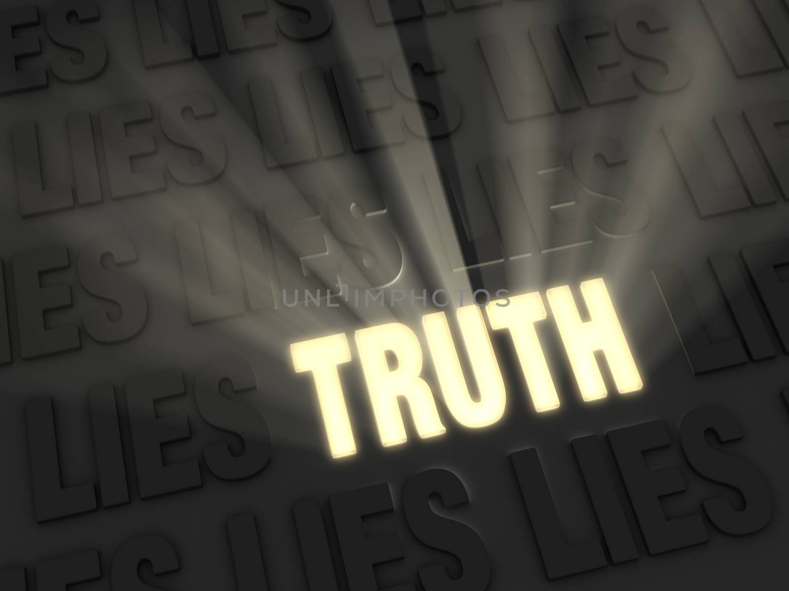 Light rays burst from a bright, gold glowing "TRUTH" on a dark background of "LIE"s