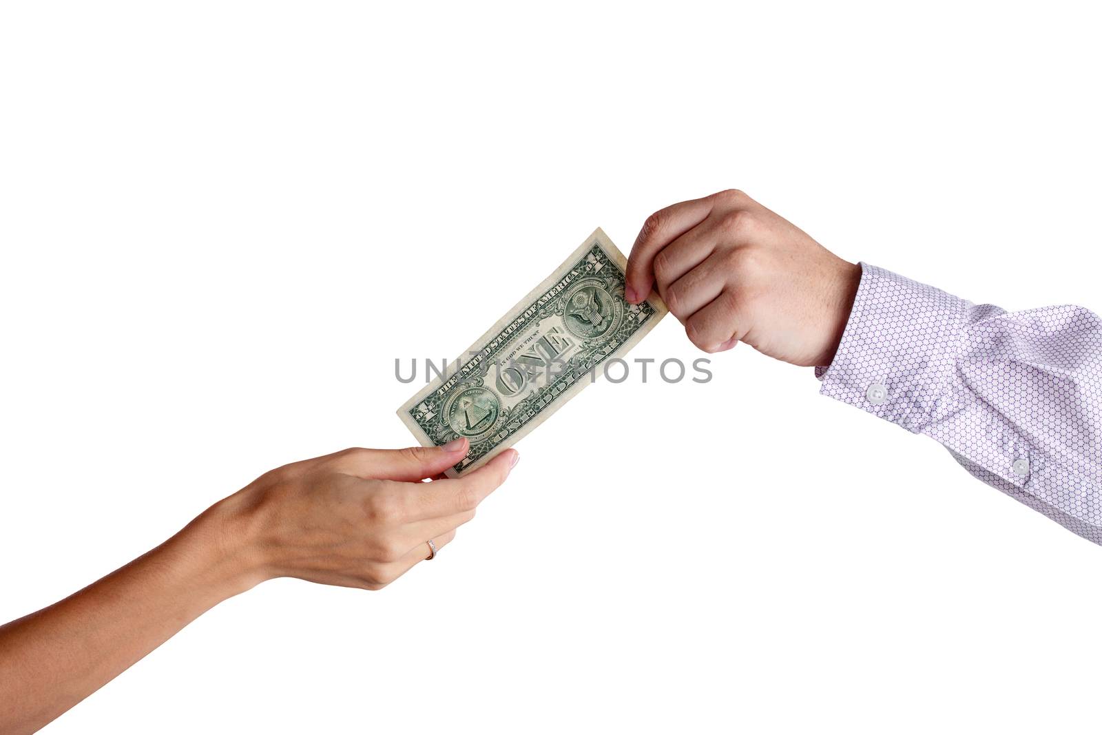 Transfer of money from hand to hand, isolated on white background