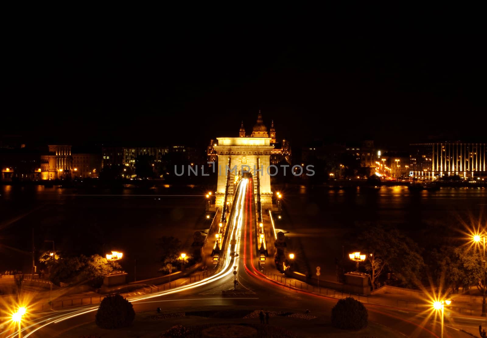 Night image with traffic of the hungarian chain Bridge extremly high donau