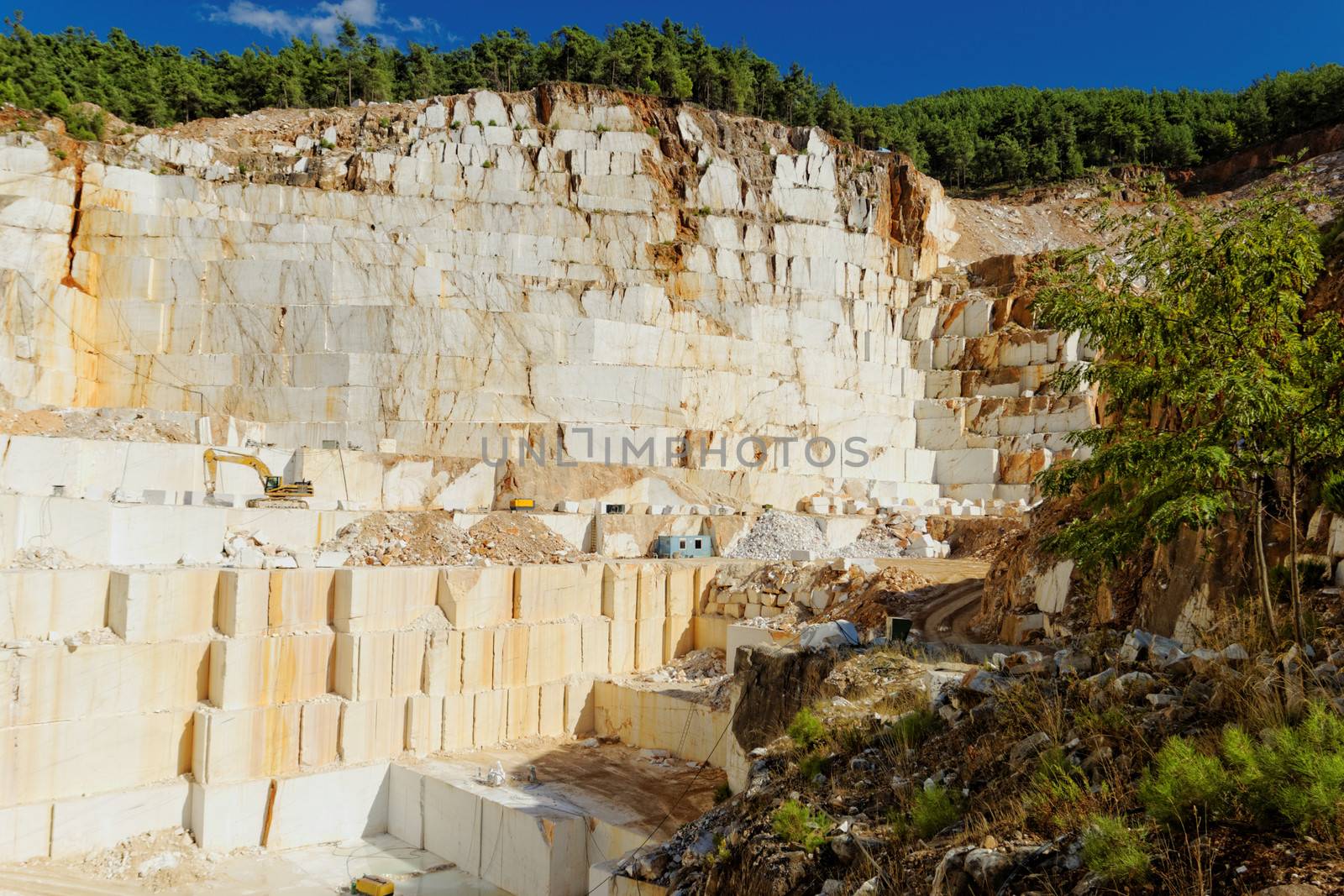 Detail of huge Thassos white marble quarry (mine) with grabber