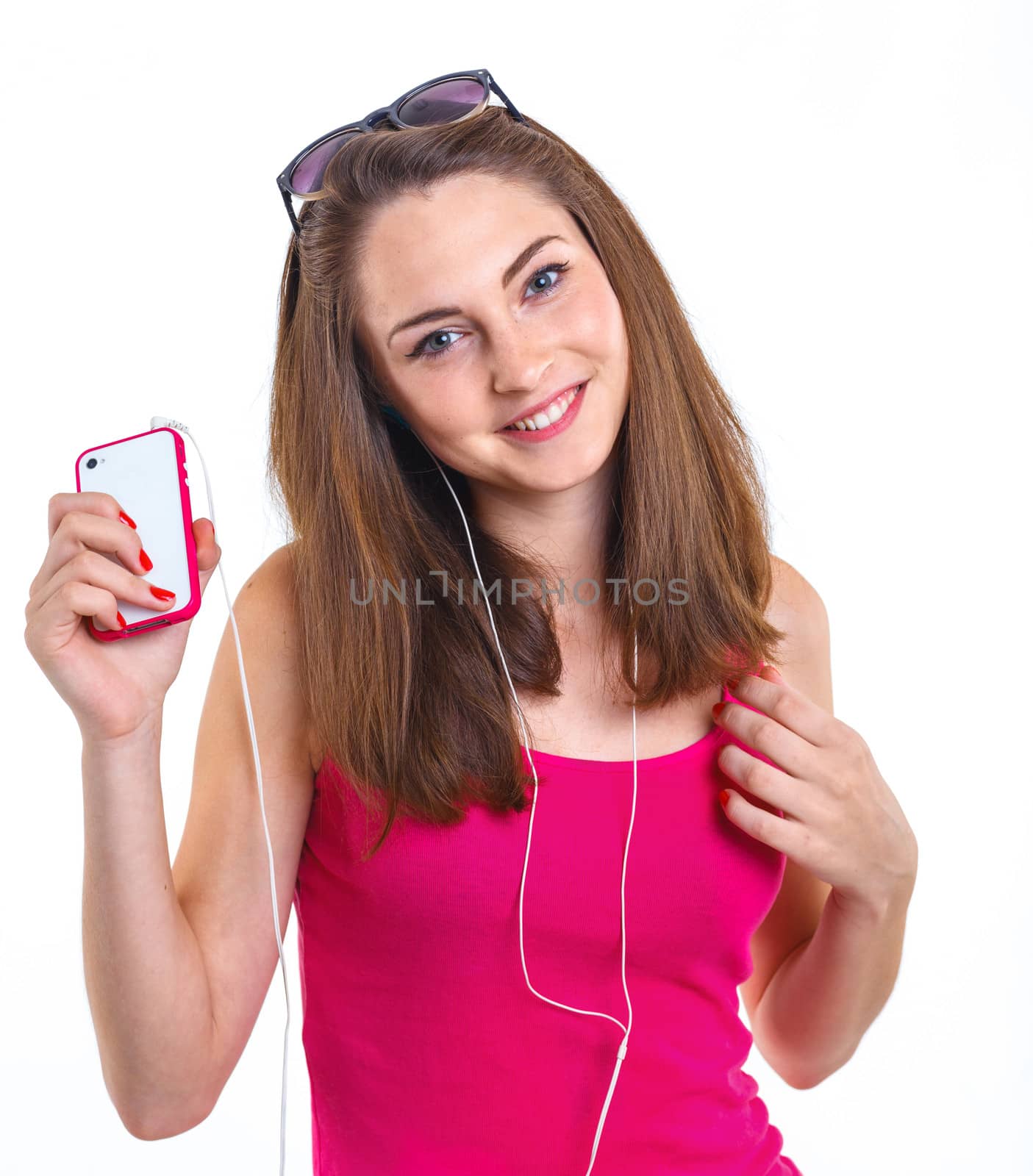 Teenage girl listen music. Isolated white background