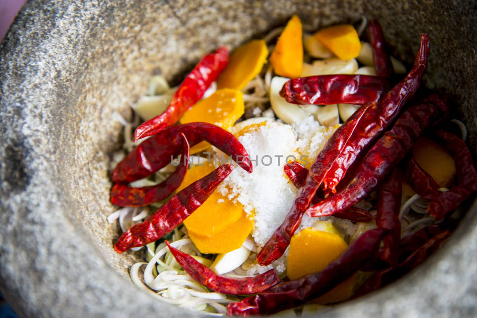Ingredient of Thai curry are in the mortar3 by gjeerawut