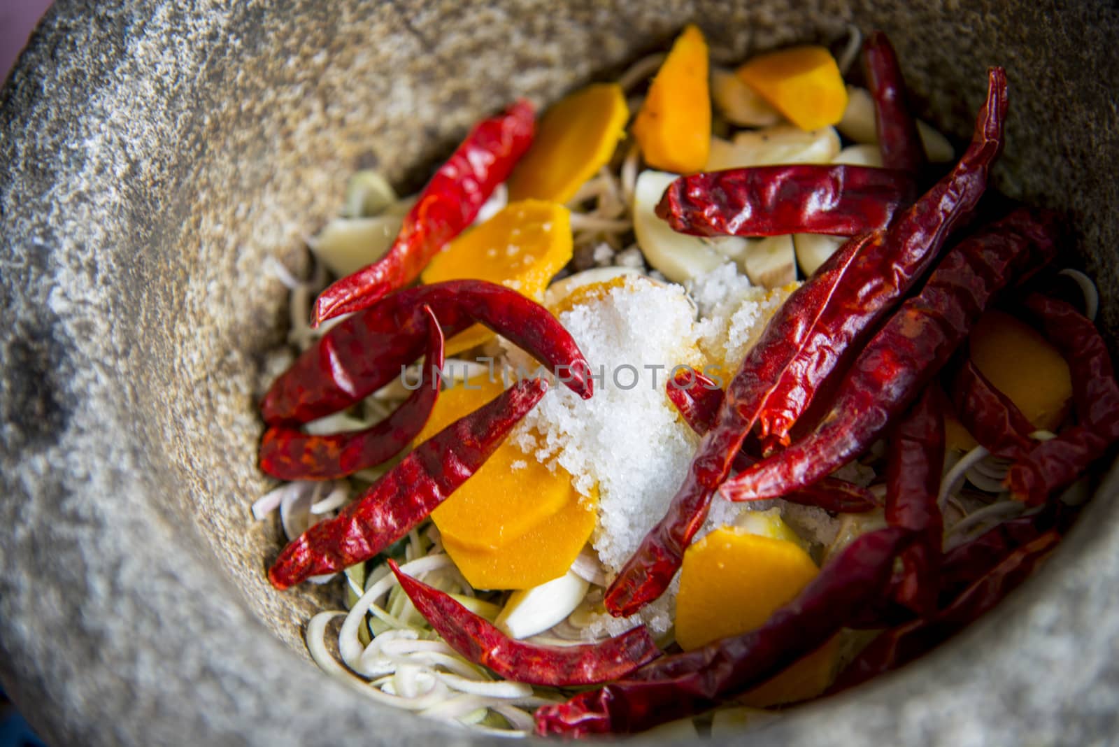 Ingredient of Thai curry are in the mortar2 by gjeerawut