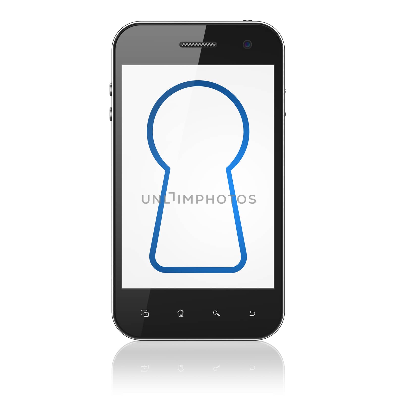 Security concept: smartphone with Keyhole icon on display. Mobile smart phone on White background, cell phone 3d render
