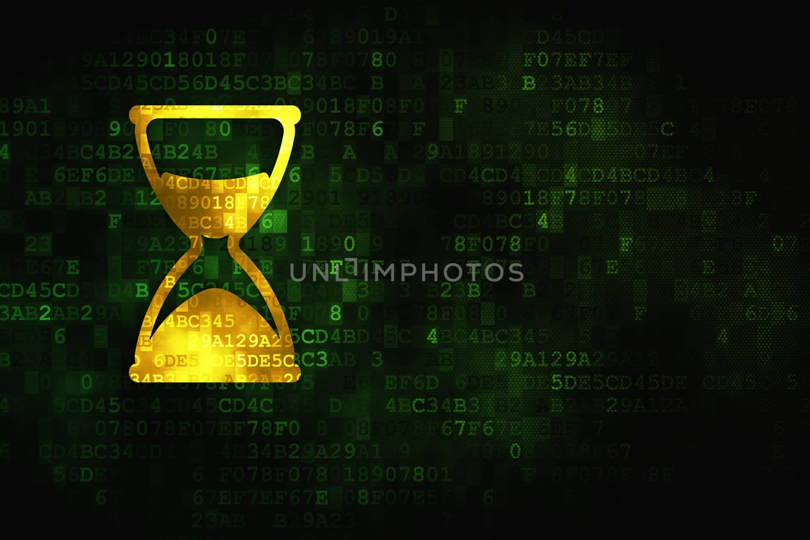 Timeline concept: pixelated Hourglass icon on digital background, empty copyspace for card, text, advertising, 3d render