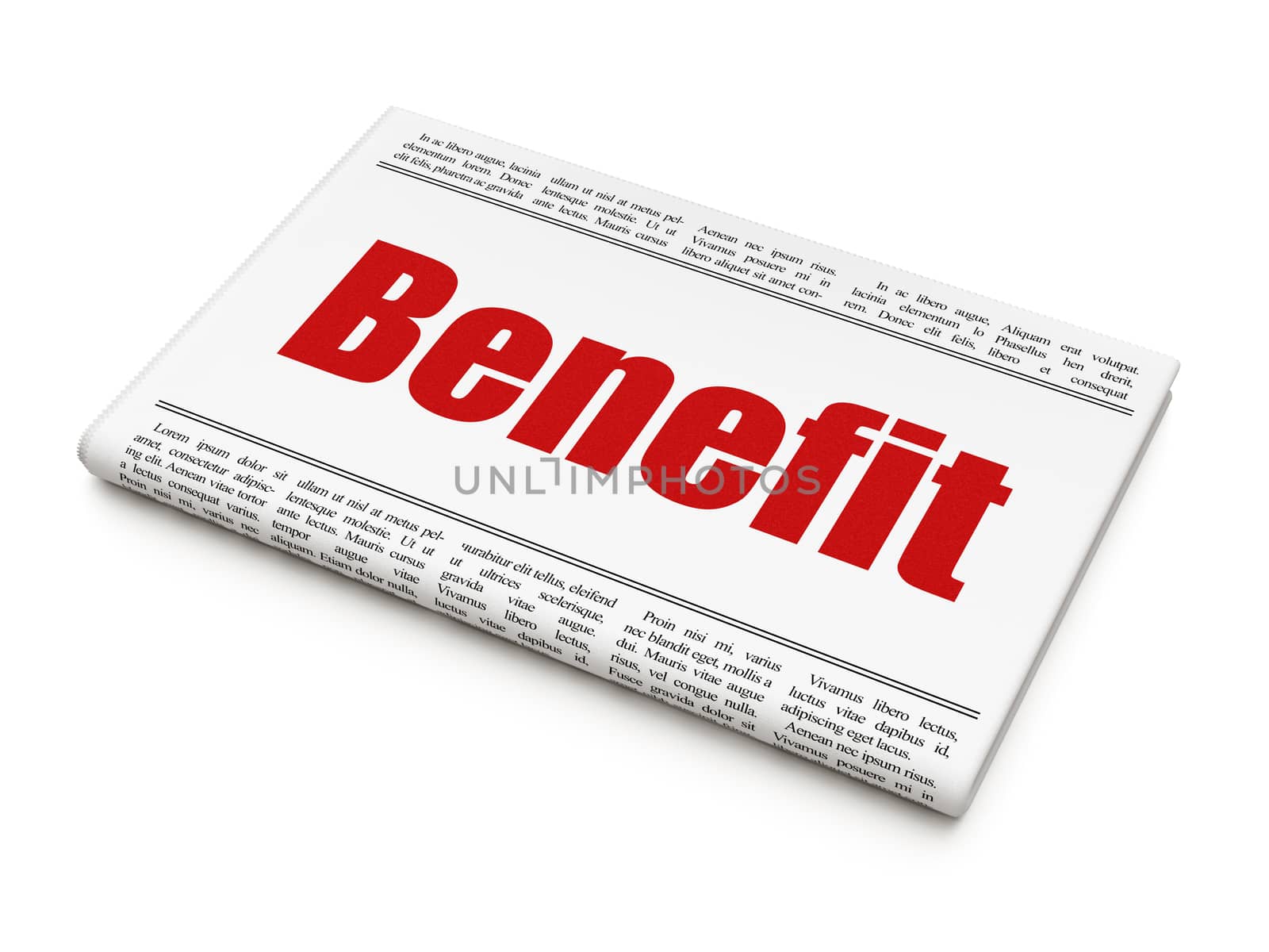 Finance news concept: newspaper headline Benefit on White background, 3d render