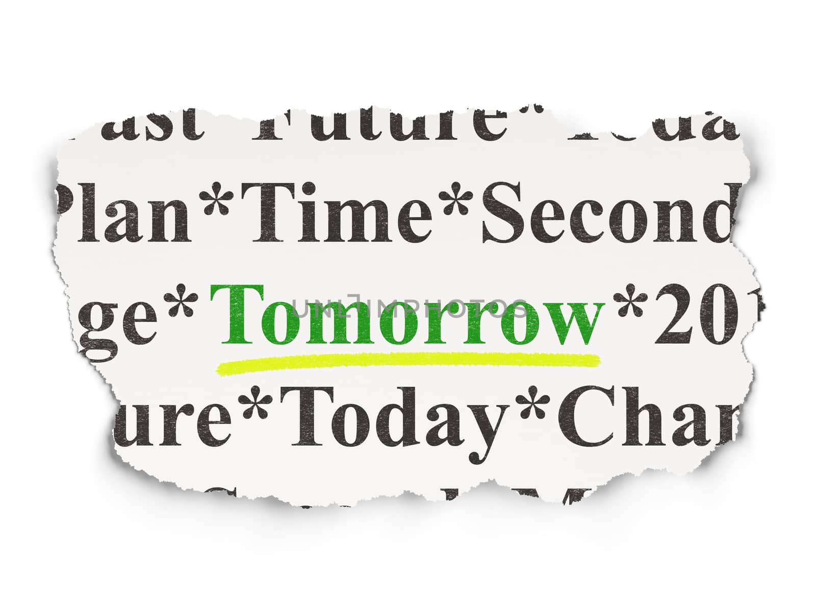 Timeline concept: torn newspaper with words Tomorrow on Paper background, 3d render