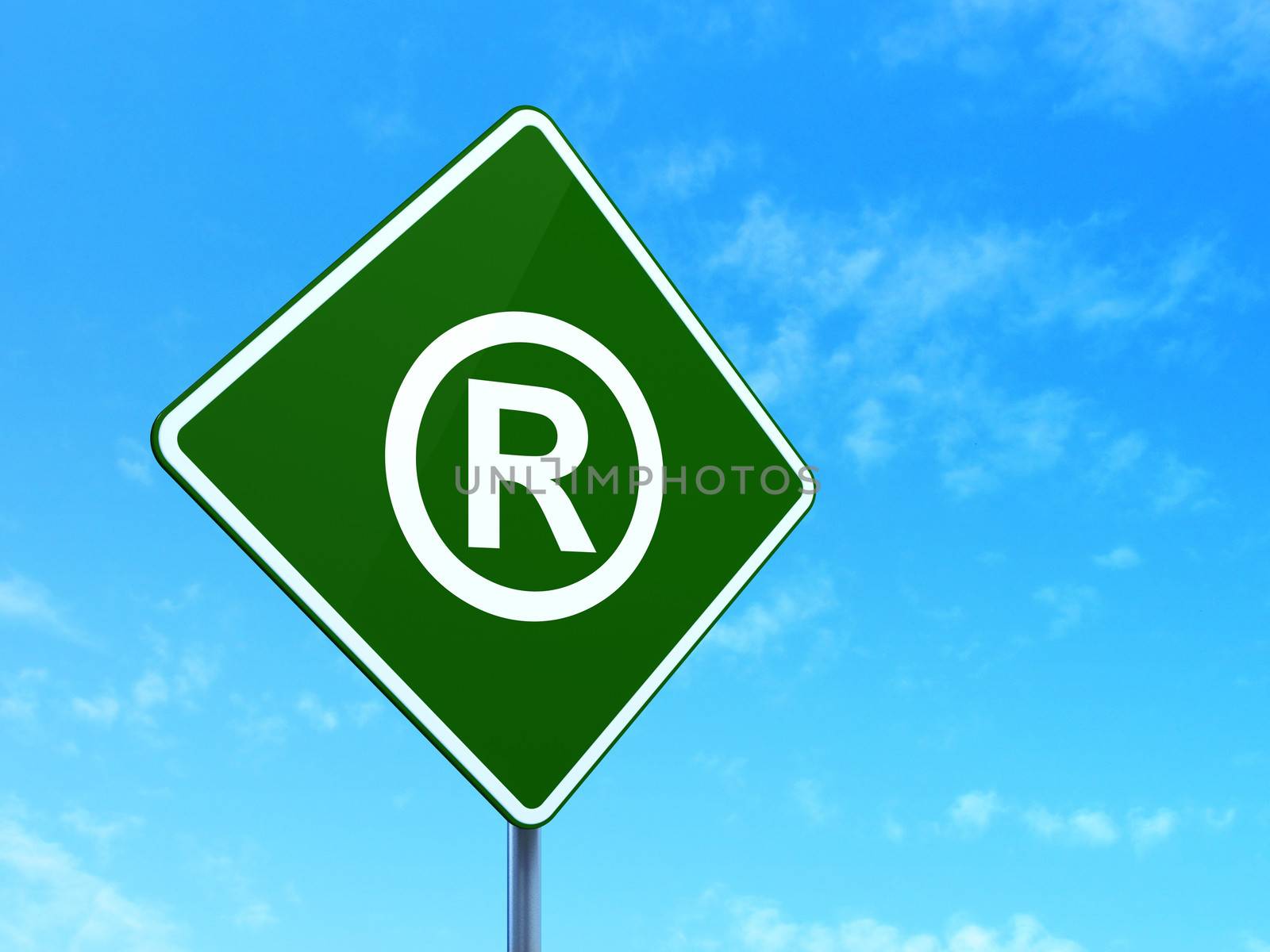 Law concept: Registered on green road (highway) sign, clear blue sky background, 3d render