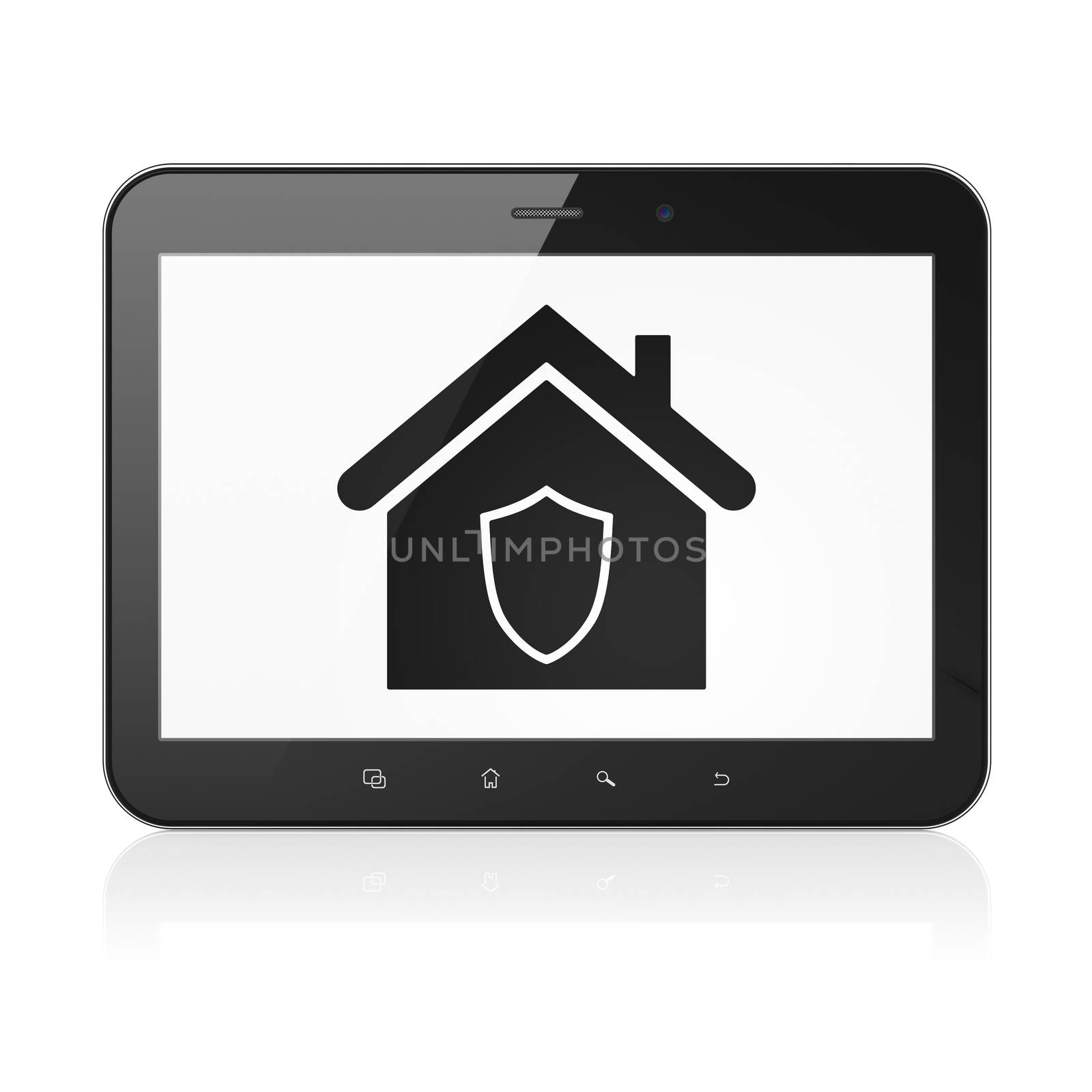 Business concept: black tablet pc computer with Home icon on display. Modern portable touch pad on White background, 3d render
