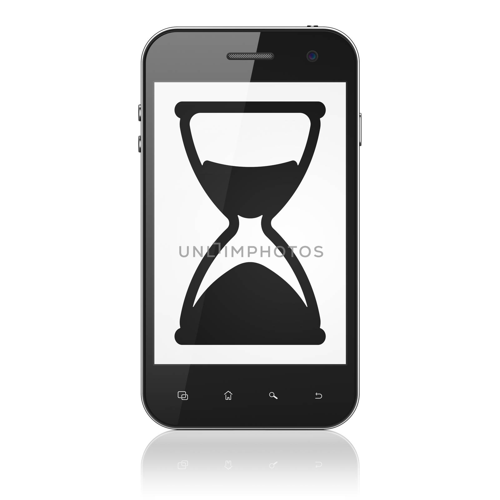 Time concept: smartphone with Hourglass icon on display. Mobile smart phone on White background, cell phone 3d render