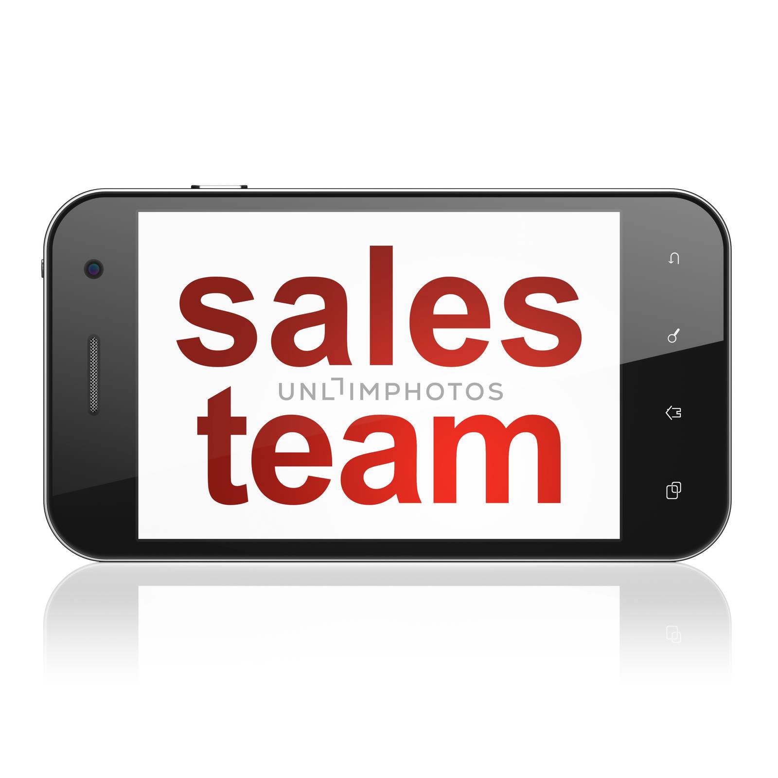 Marketing concept: smartphone with text Sales Team on display. Mobile smart phone on White background, cell phone 3d render