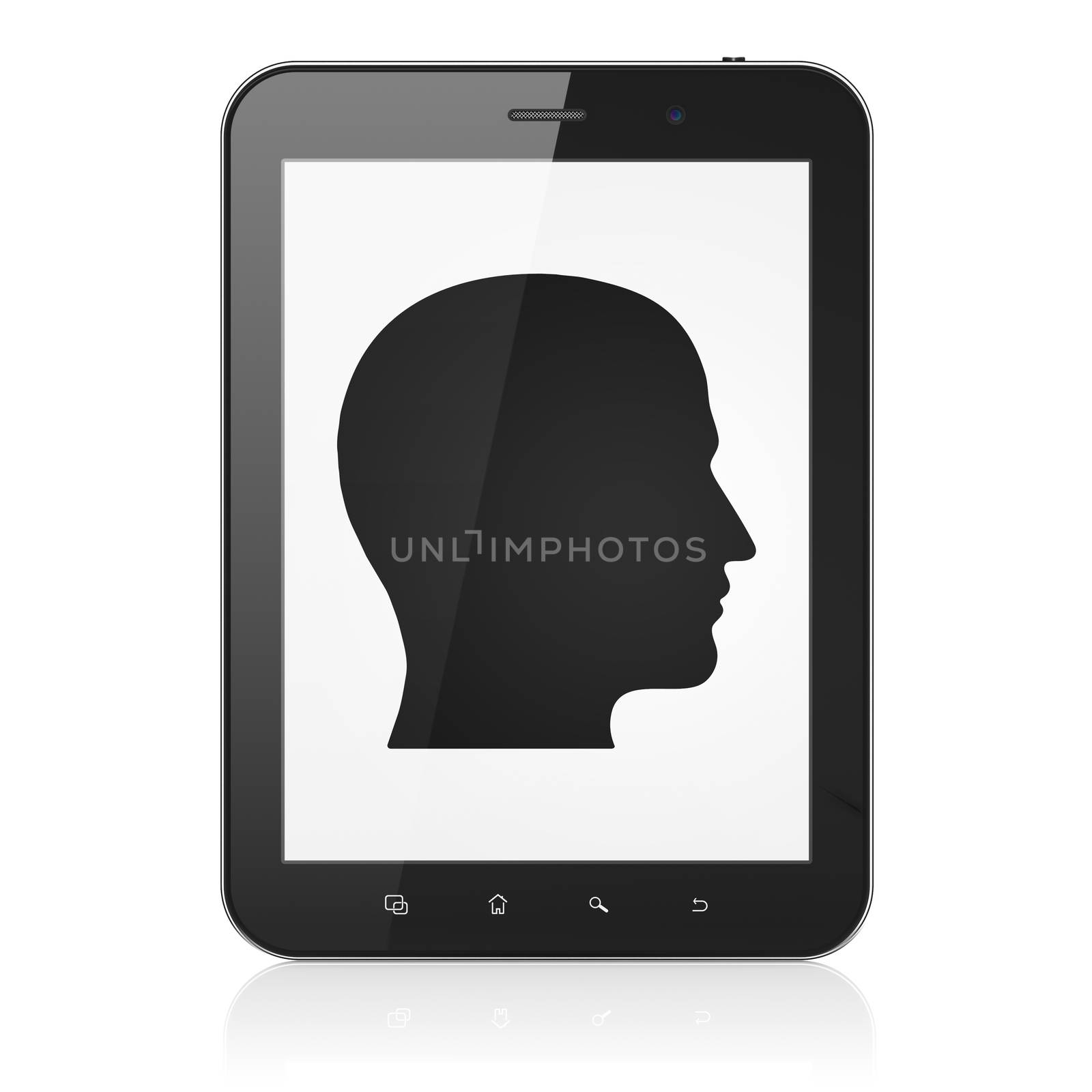 Business concept: black tablet pc computer with Head icon on display. Modern portable touch pad on White background, 3d render