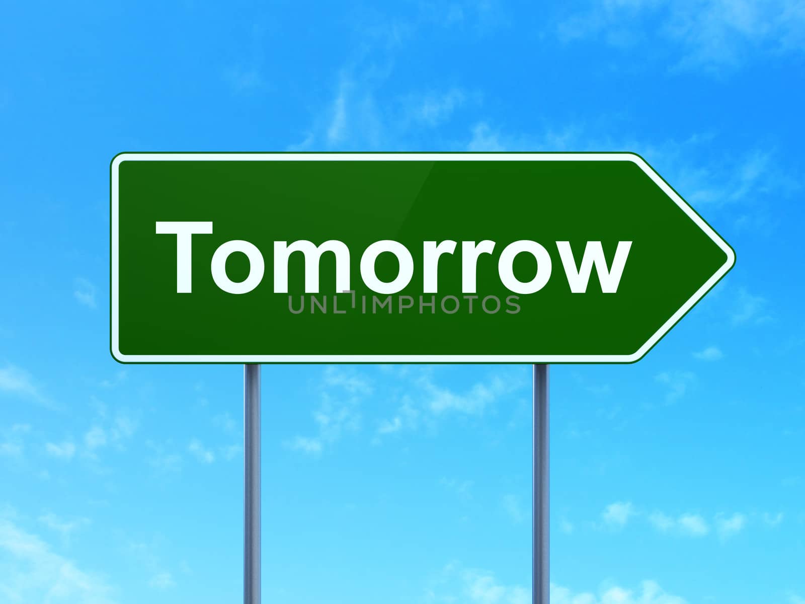 Timeline concept: Tomorrow on green road (highway) sign, clear blue sky background, 3d render