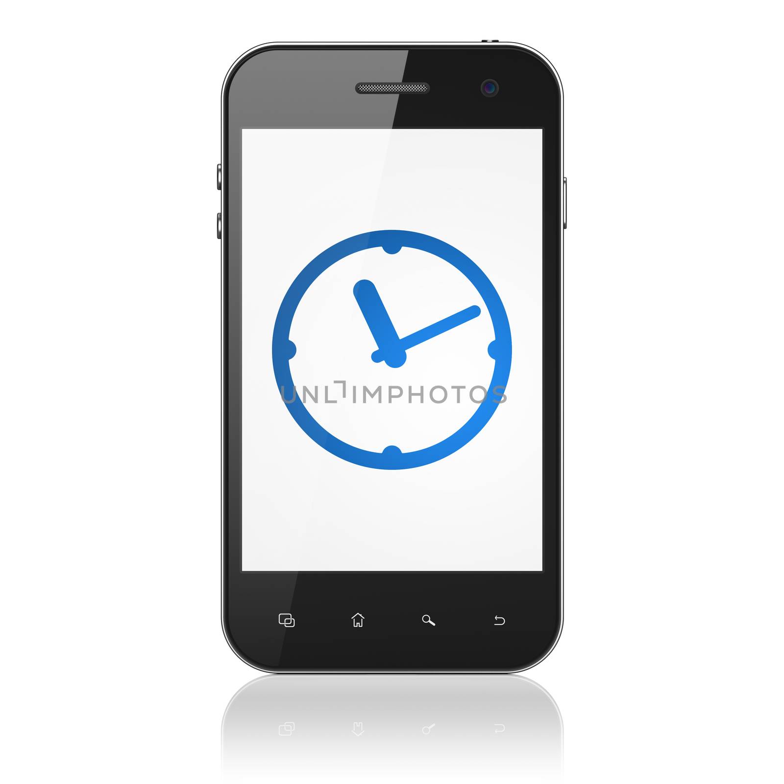 Timeline concept: smartphone with Clock icon on display. Mobile smart phone on White background, cell phone 3d render