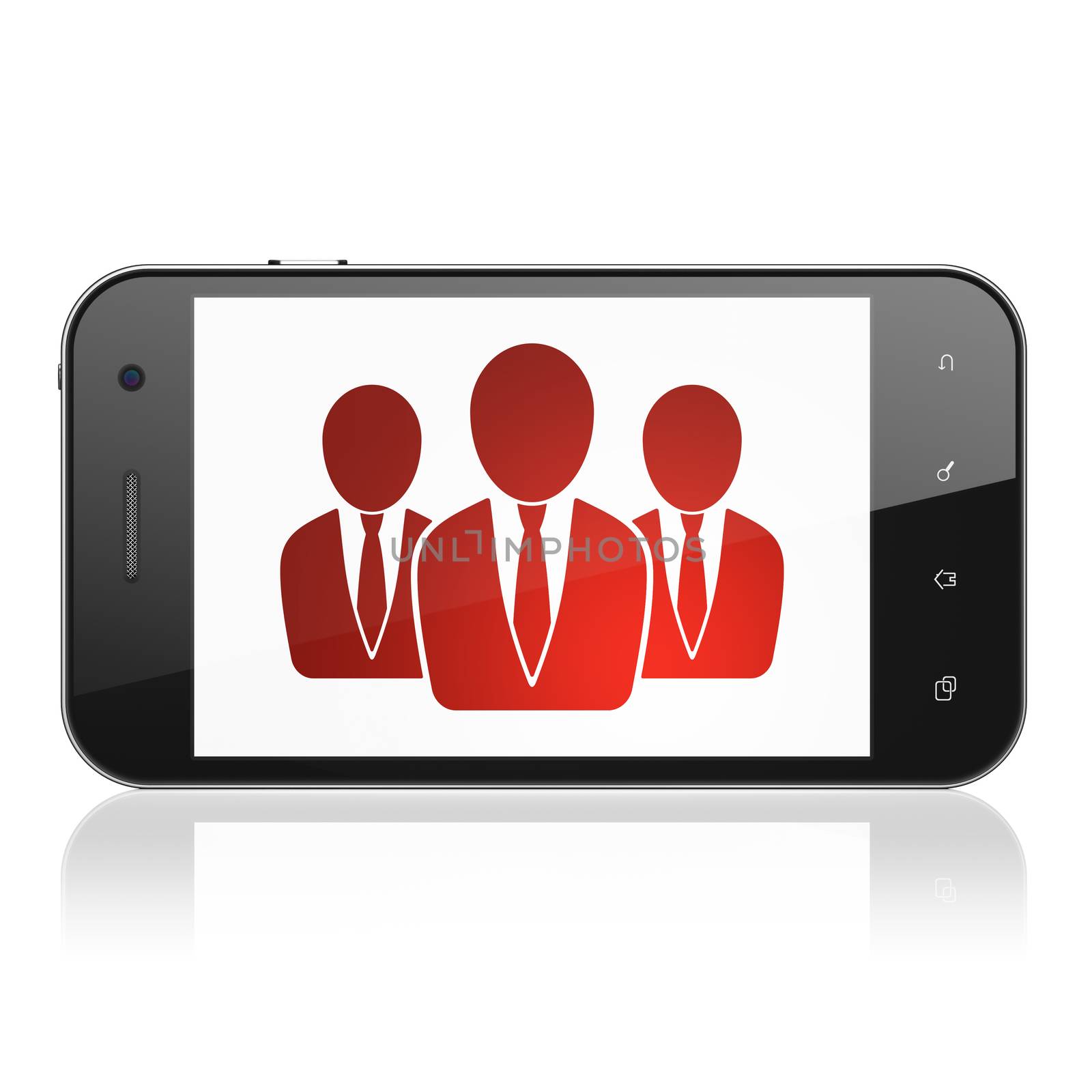 Business concept: smartphone with Business People icon on display. Mobile smart phone on White background, cell phone 3d render