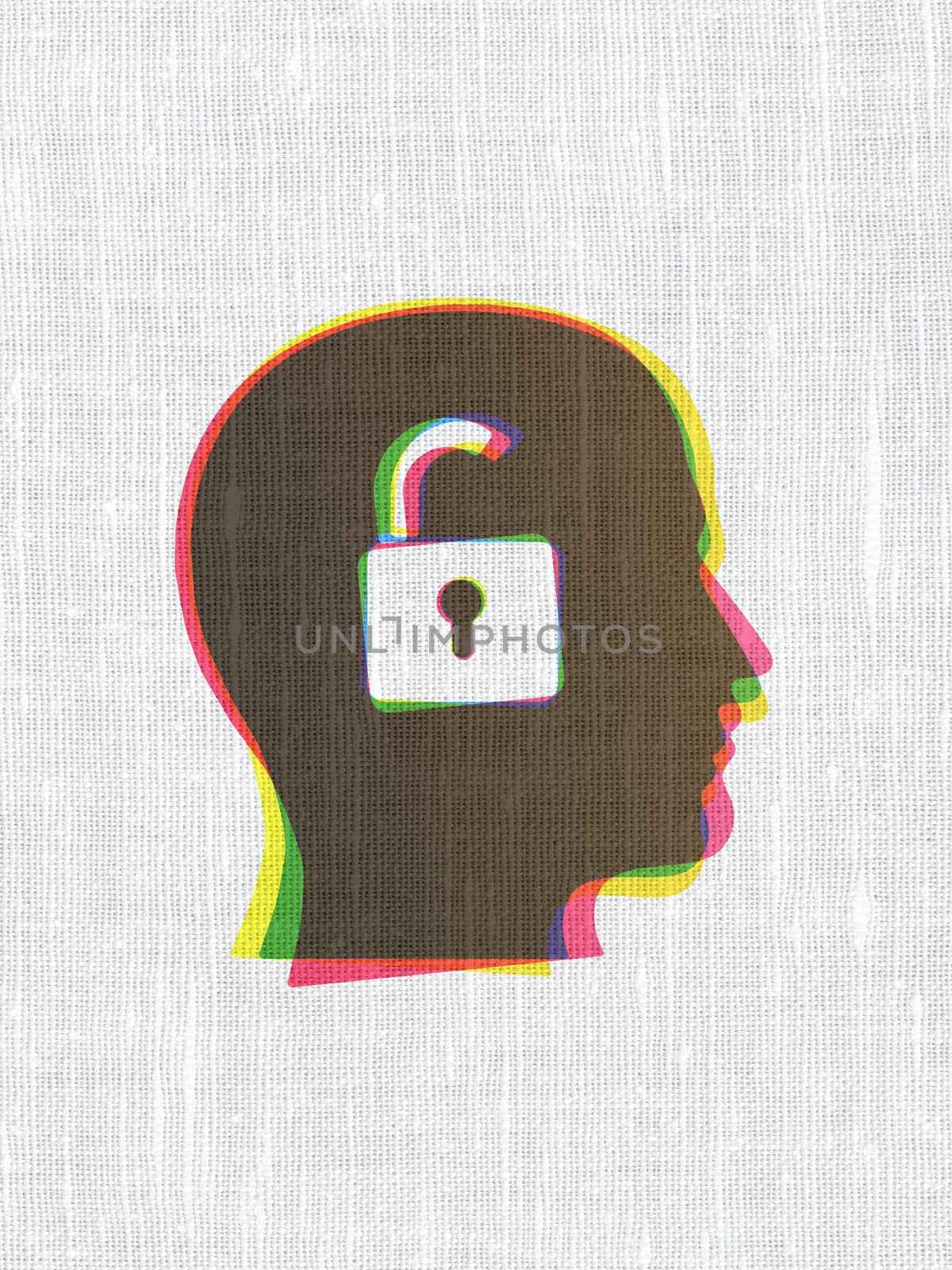 Business concept: CMYK Head With Padlock on linen fabric texture background, 3d render