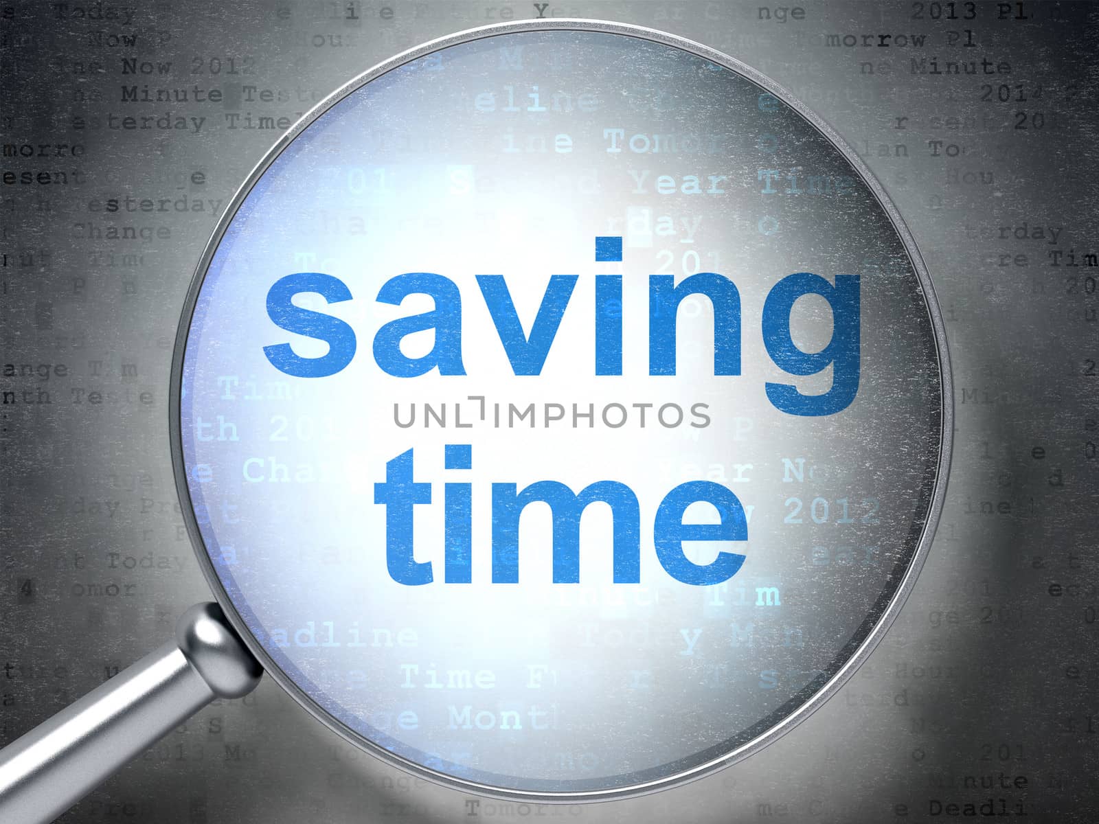 Time concept: magnifying optical glass with words Saving Time on digital background, 3d render