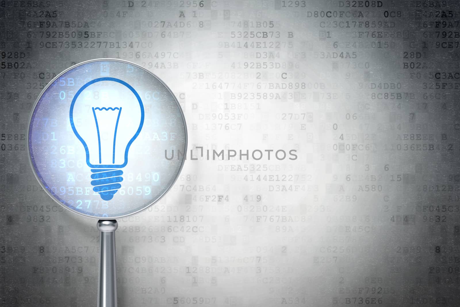 Business concept:  Light Bulb with optical glass on digital background by maxkabakov