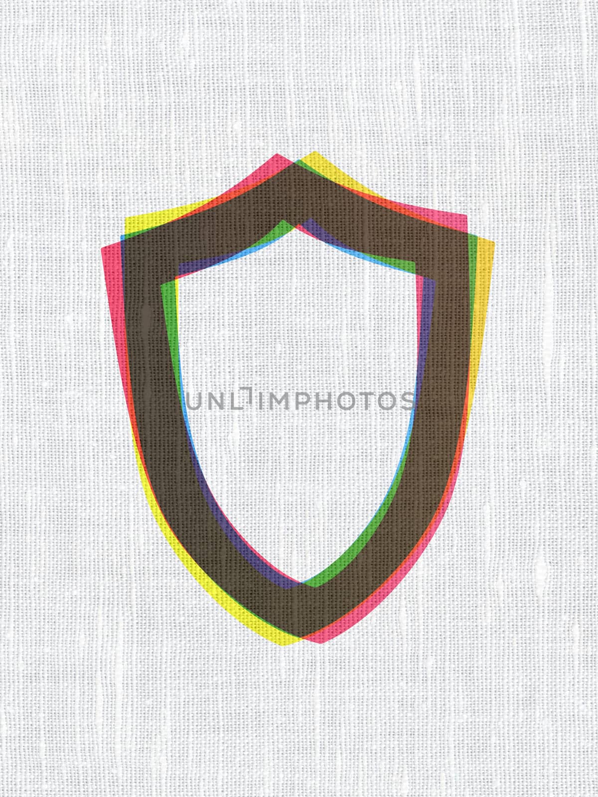 Privacy concept: CMYK Contoured Shield on linen fabric texture background, 3d render