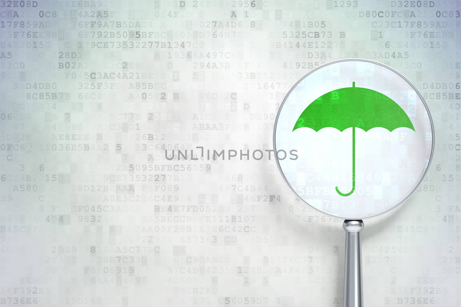 Safety concept: magnifying optical glass with Umbrella icon on digital background, empty copyspace for card, text, advertising, 3d render