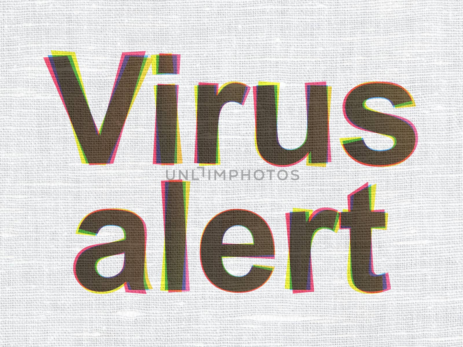 Safety concept: CMYK Virus Alert on linen fabric texture background, 3d render