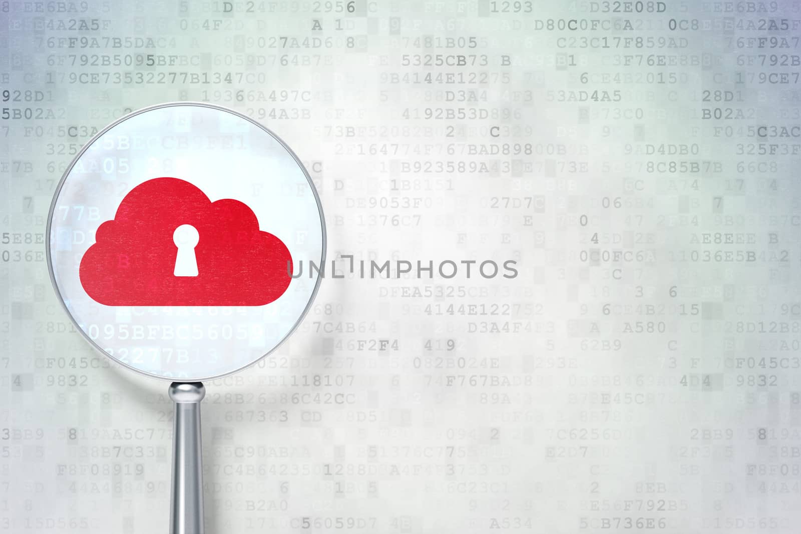 Cloud computing concept: magnifying optical glass with Cloud With Keyhole icon on digital background, empty copyspace for card, text, advertising, 3d render