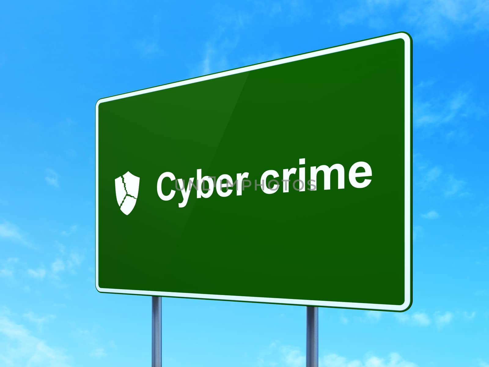 Safety concept: Cyber Crime and Broken Shield icon on green road (highway) sign, clear blue sky background, 3d render