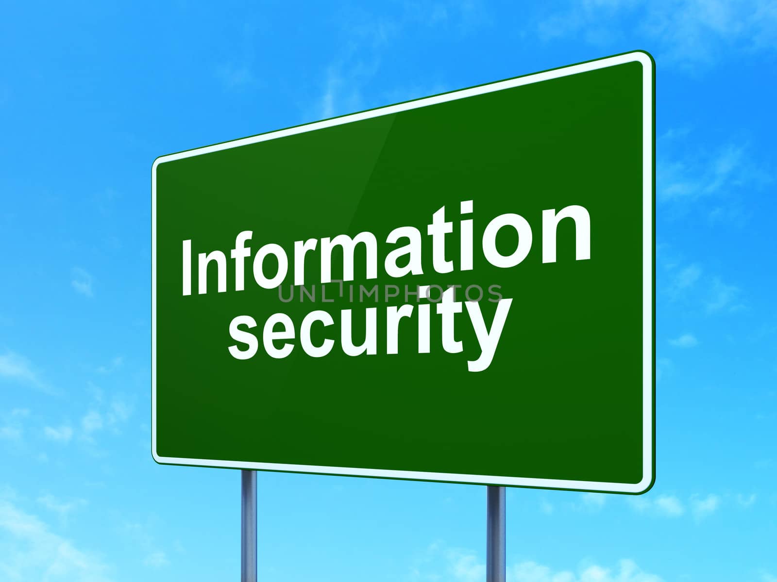 Safety concept: Information Security on green road (highway) sign, clear blue sky background, 3d render
