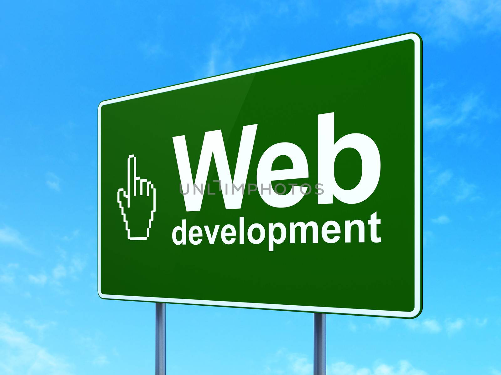 Web development concept: Web Development and Mouse Cursor icon on green road (highway) sign, clear blue sky background, 3d render