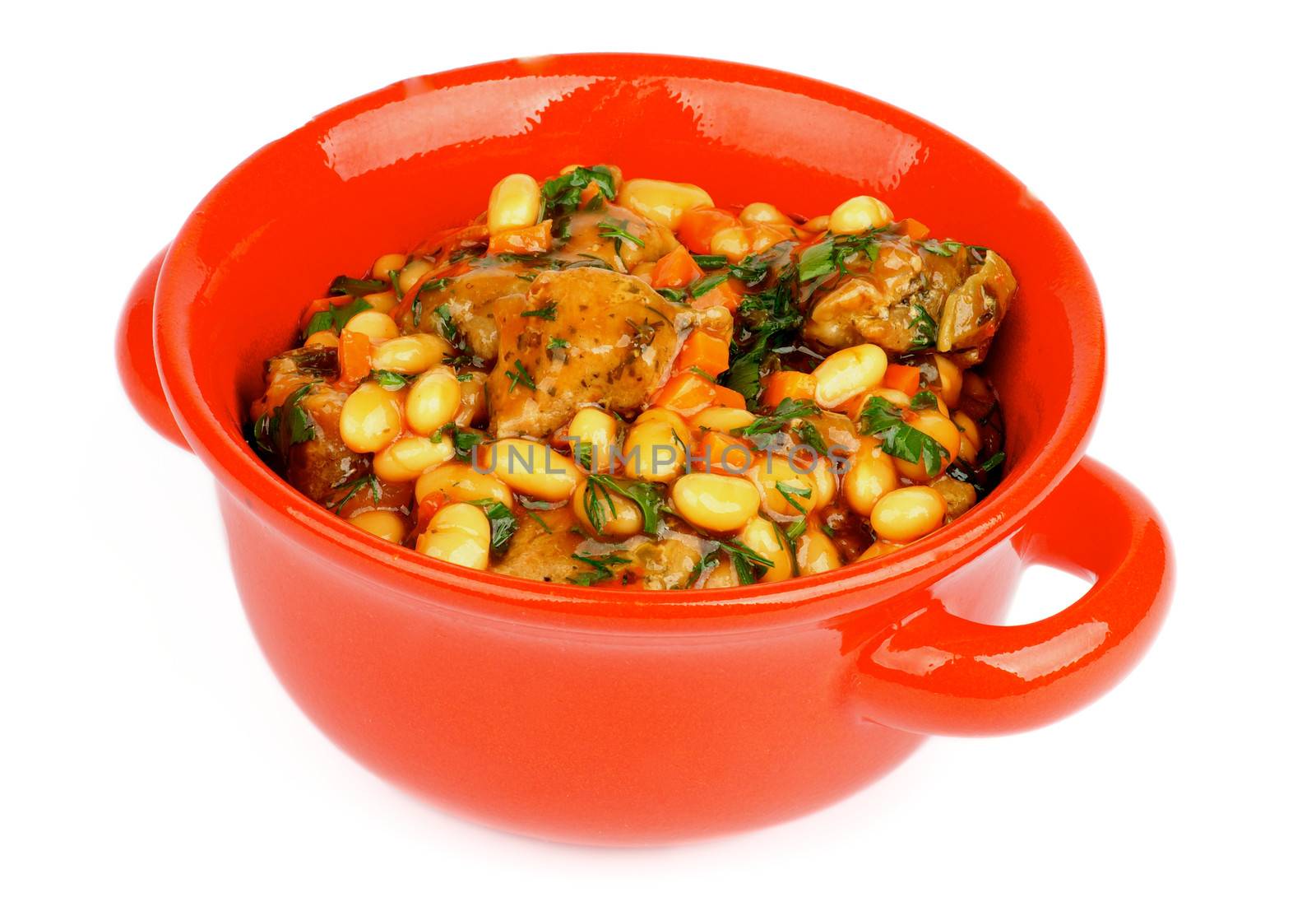 Delicious Homemade White Beans Stew with Beef and Greens in Red Pot isolated on white background