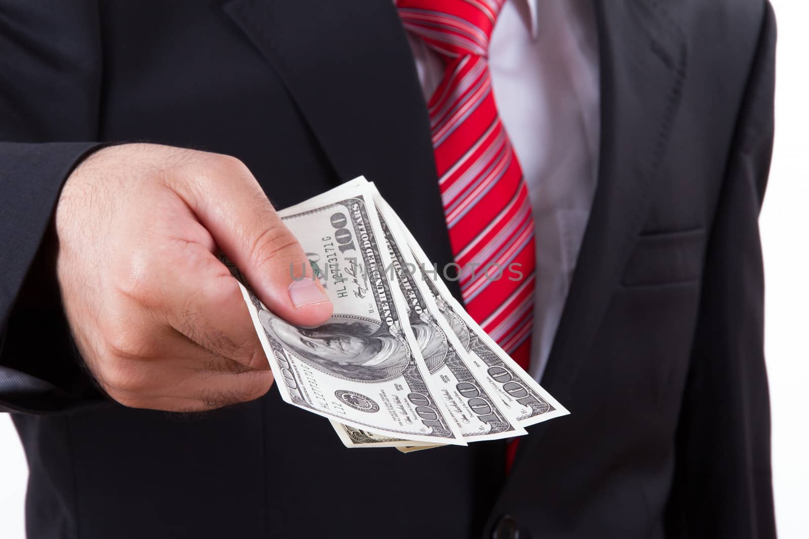 Businessman buying, selling something and giving dollars which holding.