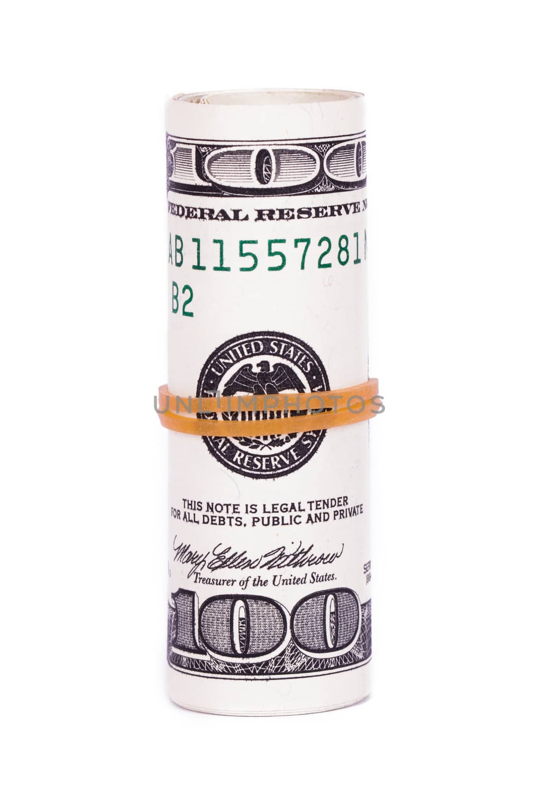 Roll of one hundred dollar banknotes, isolated on white background.