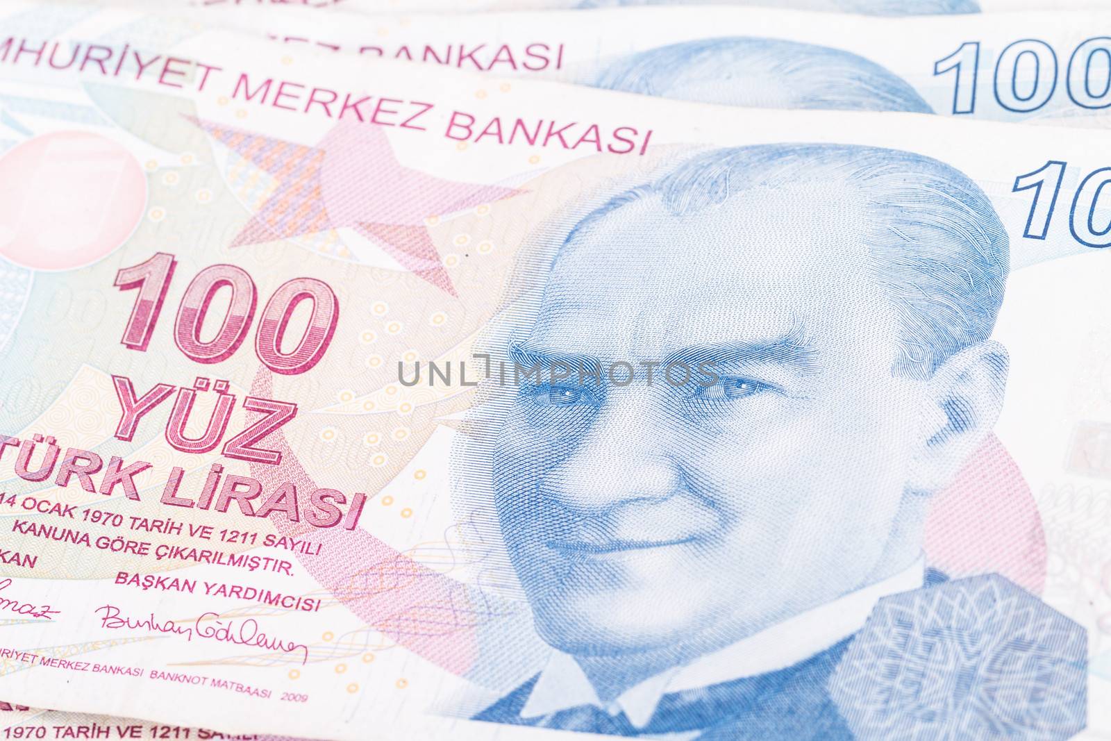 Close up view of one hundred Turkish lira banknote, macro view.