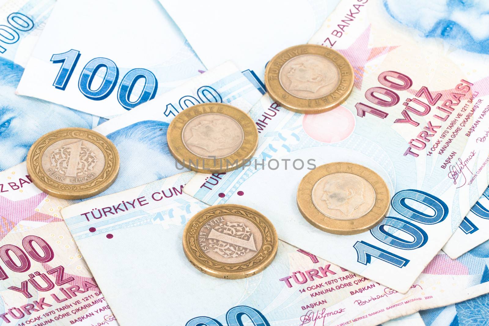 Close up view of one hundred Turkish lira banknotes with coins.