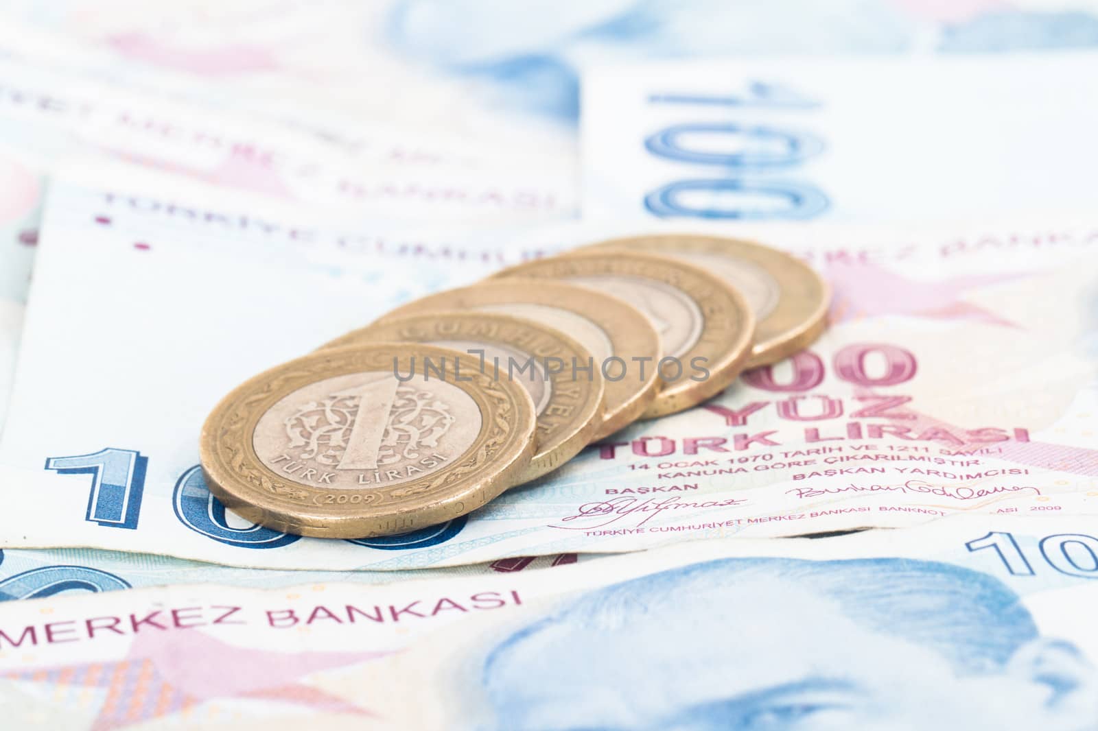 Turkish lira coins in a row on hundred banknotes.