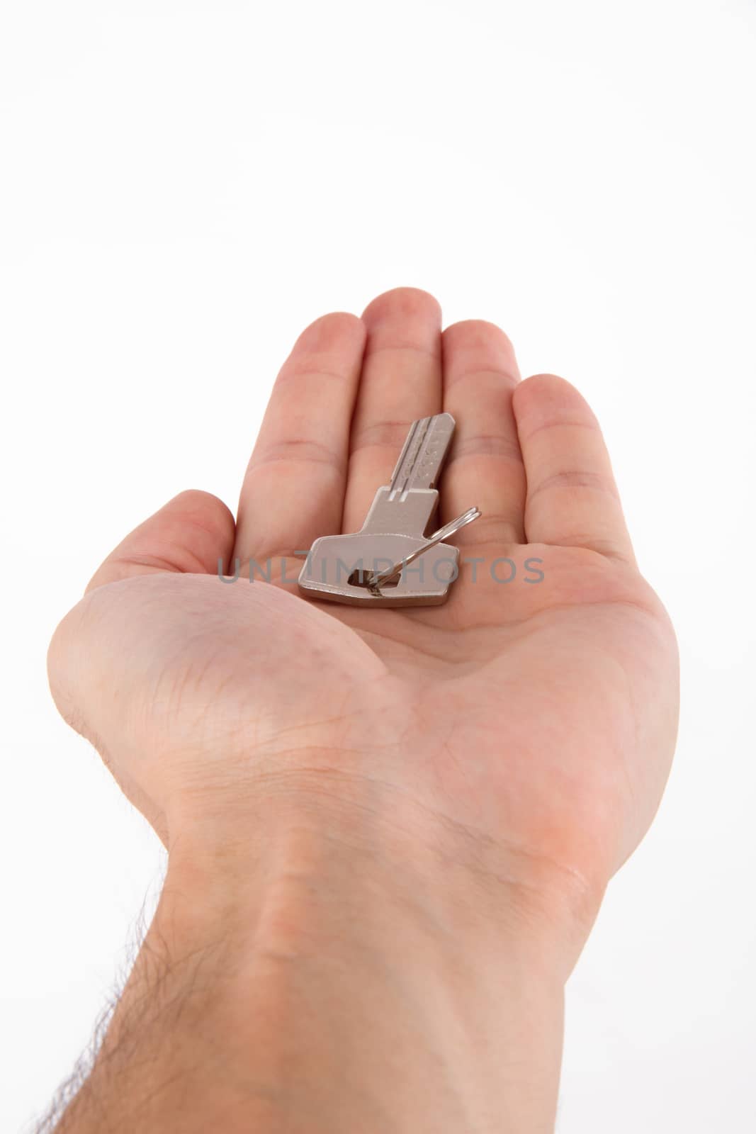 Giving door key in male human hand palm, isolated on white background.