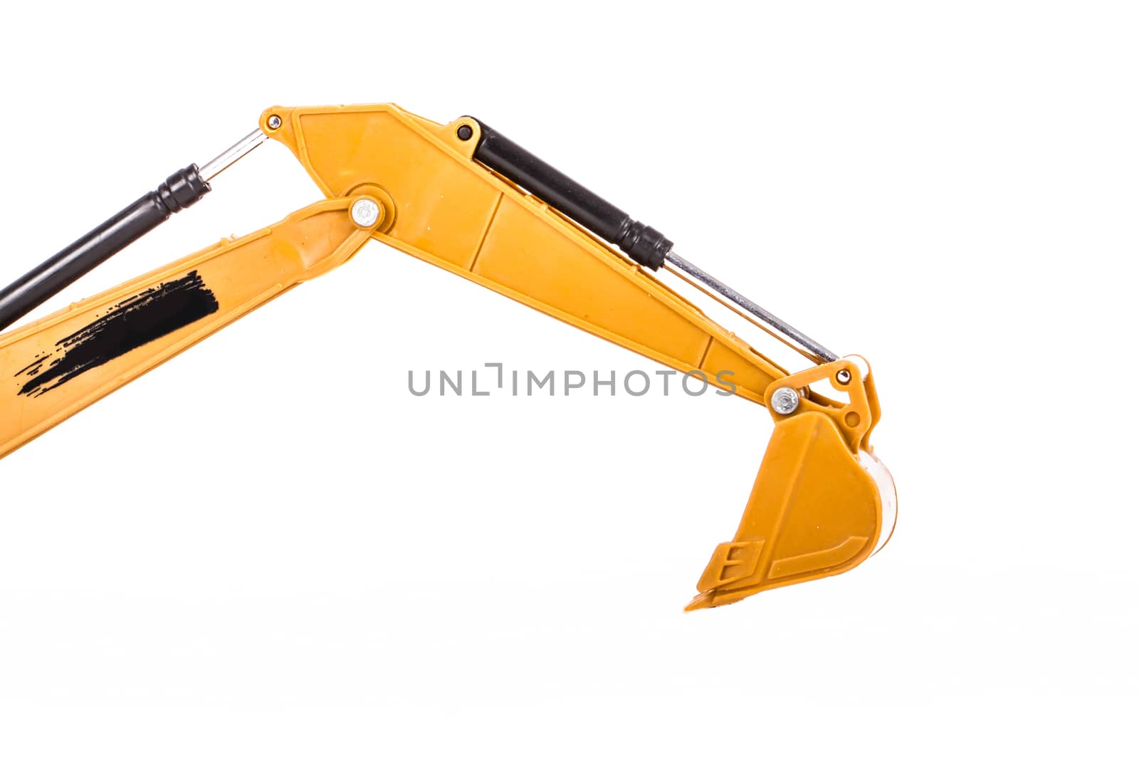 Construction machine, side view of excavator, isolated on white background.