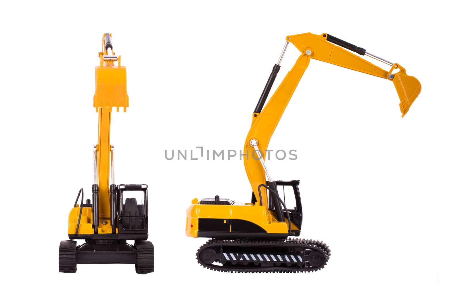 Construction machine, front and side view of excavator, isolated on white background.