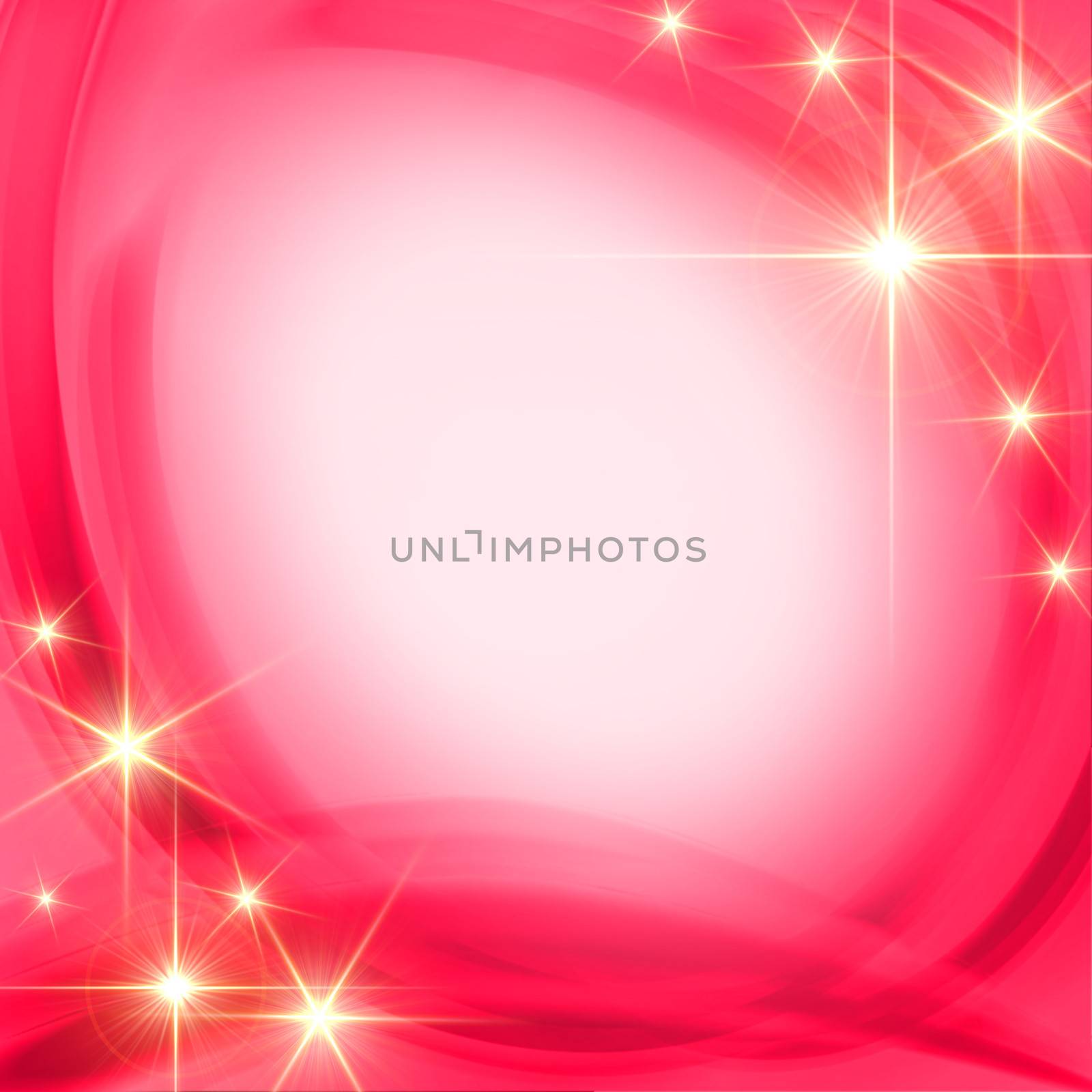 shining golden stars over pink background with feather center - text space, abstract christmas card