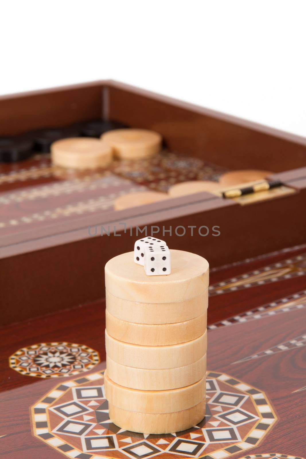 Backgammon table, chips and dices with double six, isolated on white.